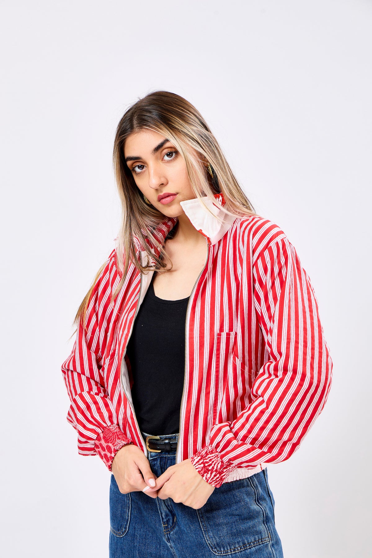 Reversible Multicolour Hand Block Printed Cotton Bomber Jacket with Lobster Motif | Sangmar