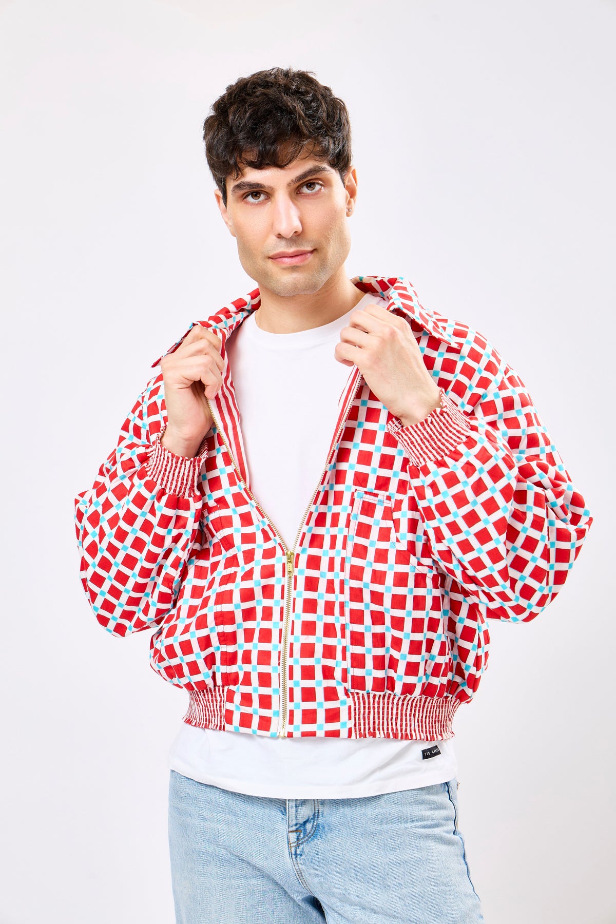Reversible Multicolour Hand Block Printed Cotton Bomber Jacket with Classic Check Pattern | Vero