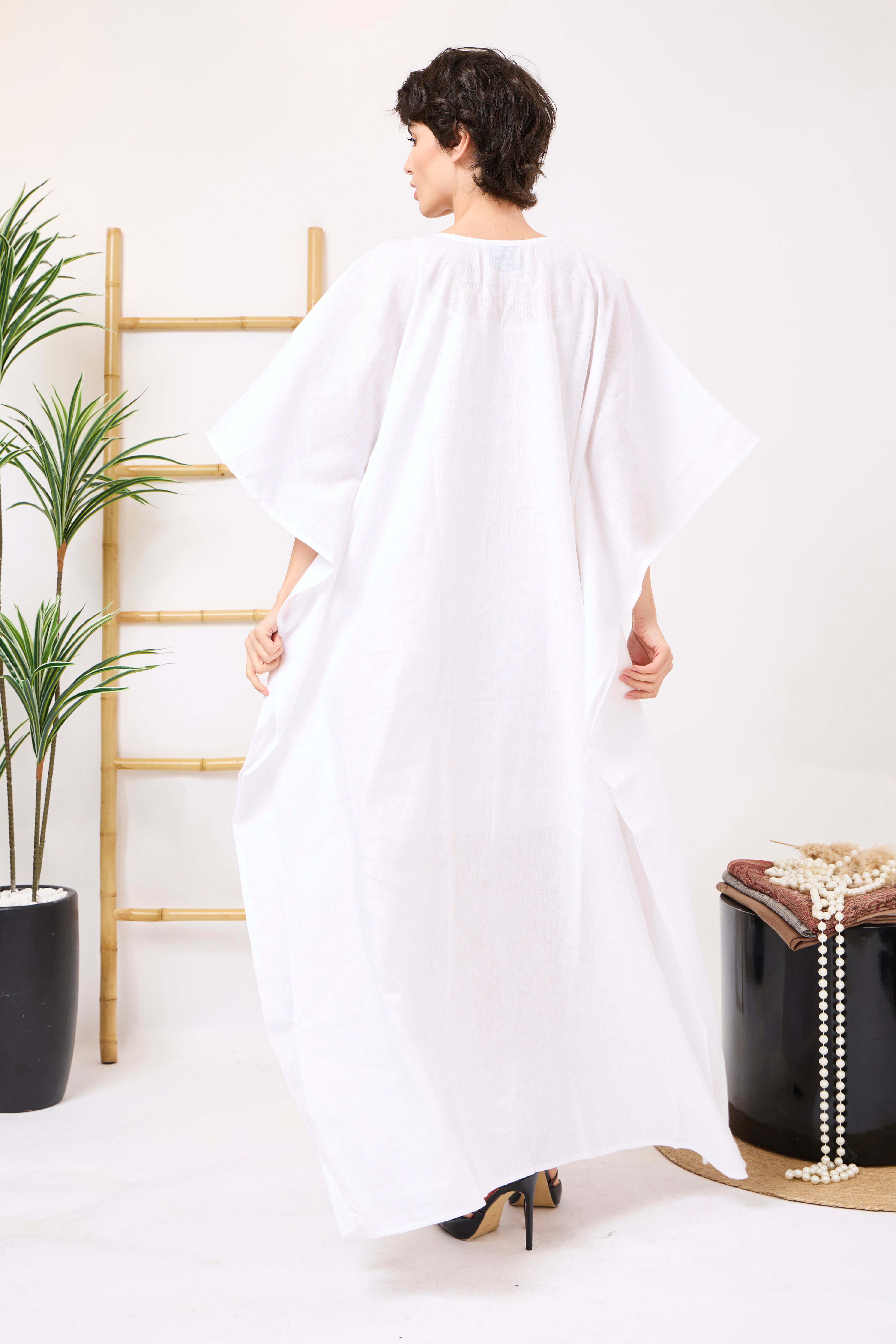 Linen Embroidered Kaftan in White with Geometric Detailing & Flowing Sleeves | Esmora