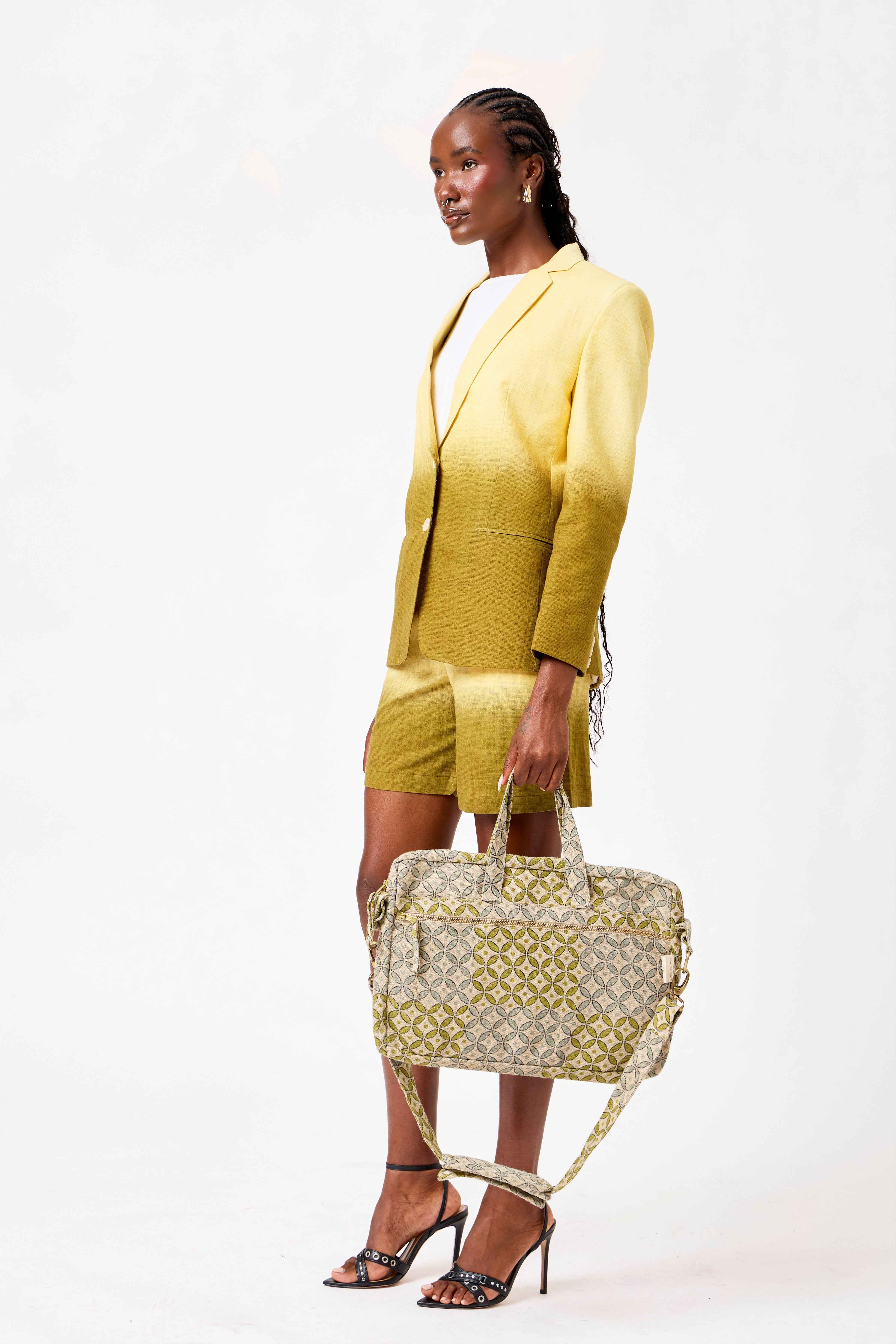 Natural & Olive Geometric Print Linen Laptop Bag | Rimal