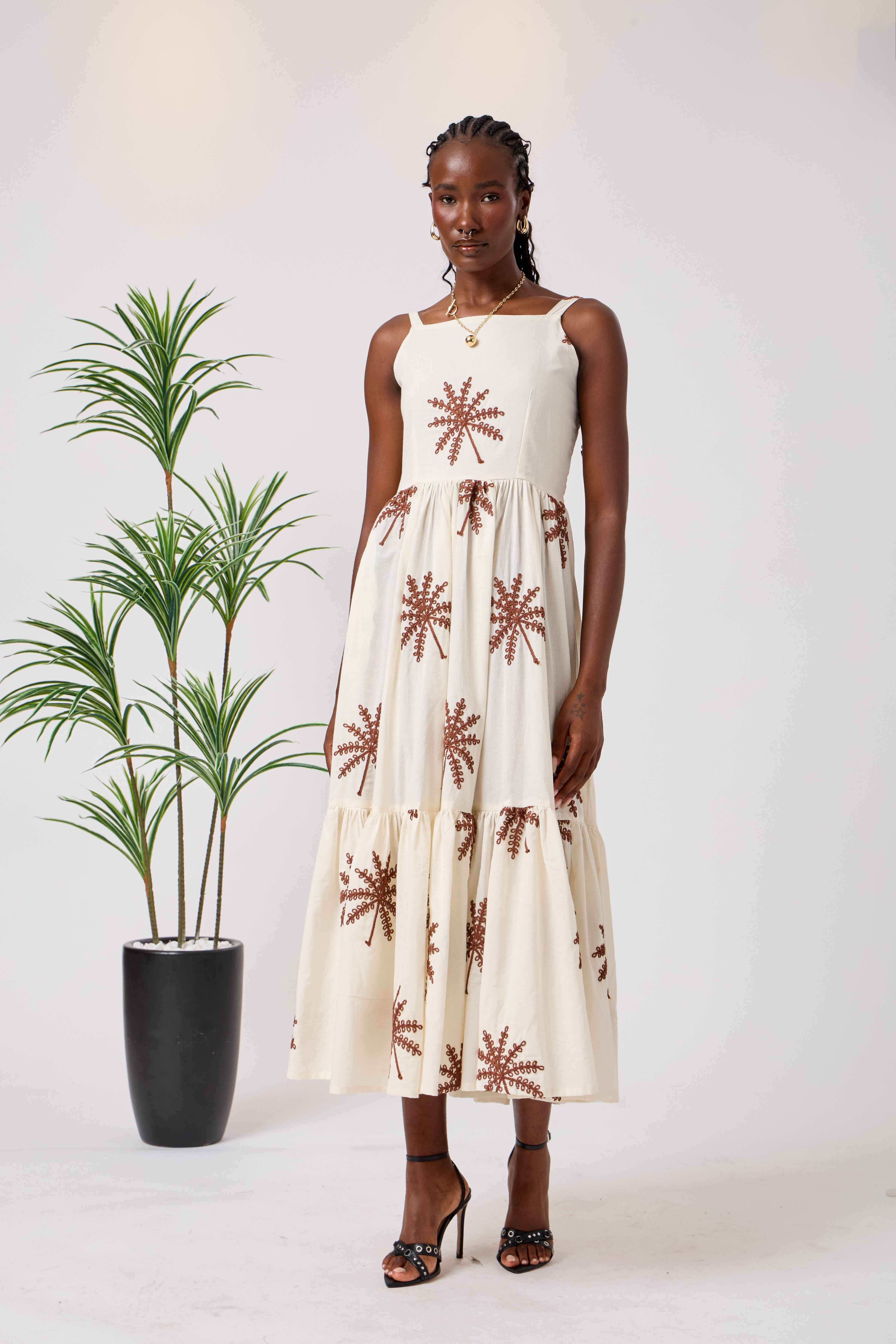 Cream Cotton Summer Liberty Midi Dress with Palm Embroidery, Tiered Hem & Adjustable Shoulder Straps | Nakhla