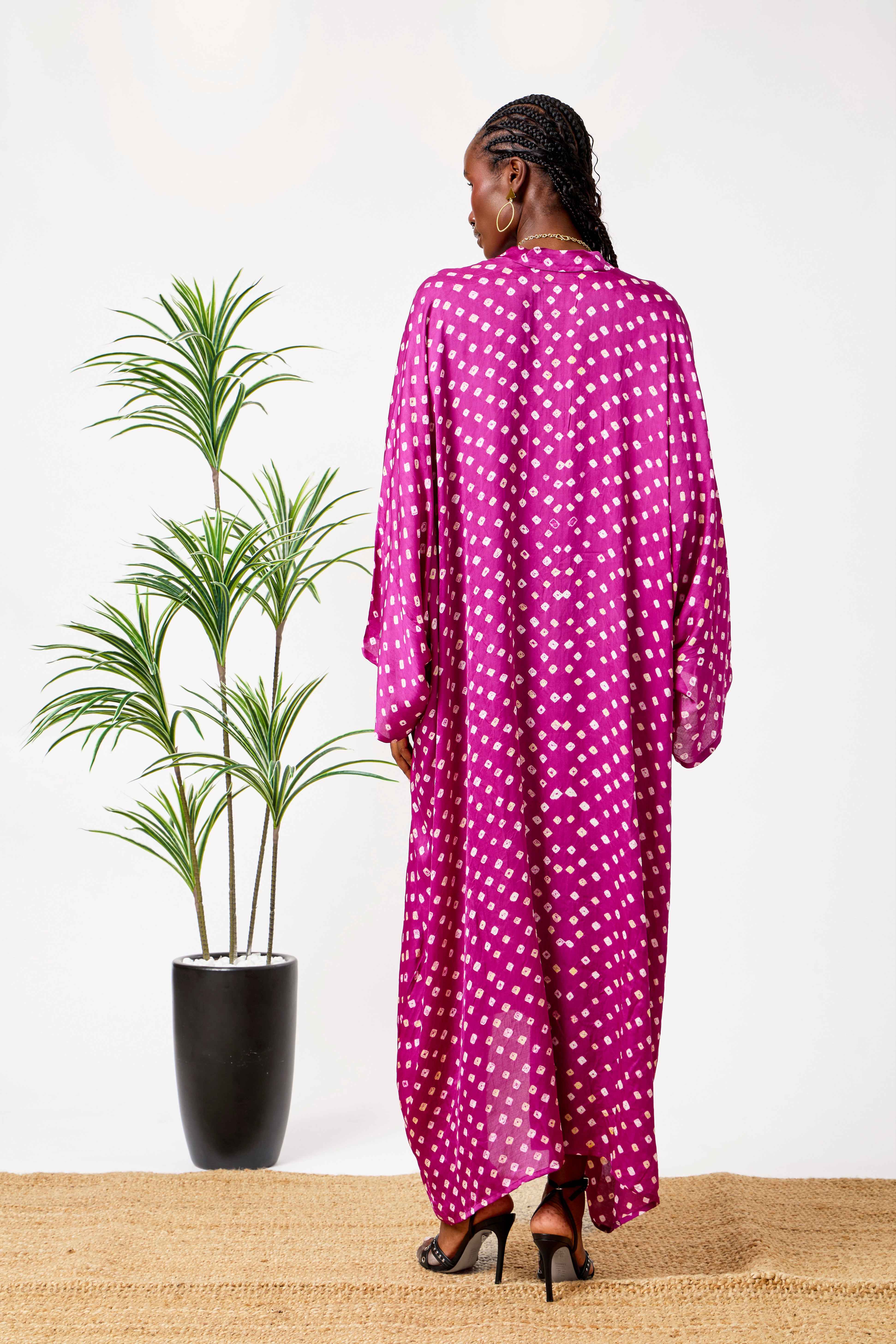 Purple Modal Silk Bandhani Print Kaftan Dress for Women with Batwing Sleeves & Tassel Neckline | Amara