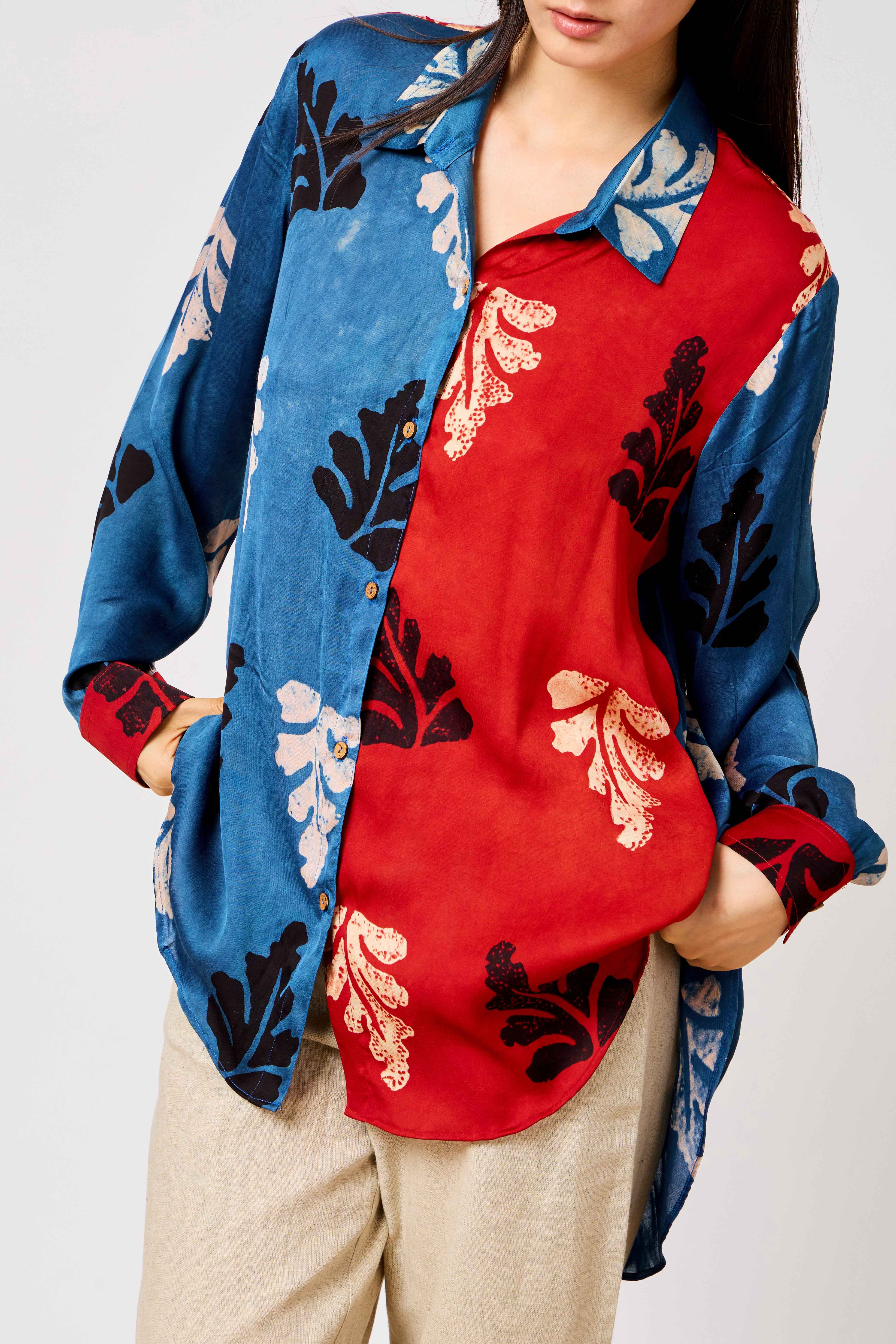 Modal Silk Red & Blue Abstract Print Long Shirt for Women | Farah