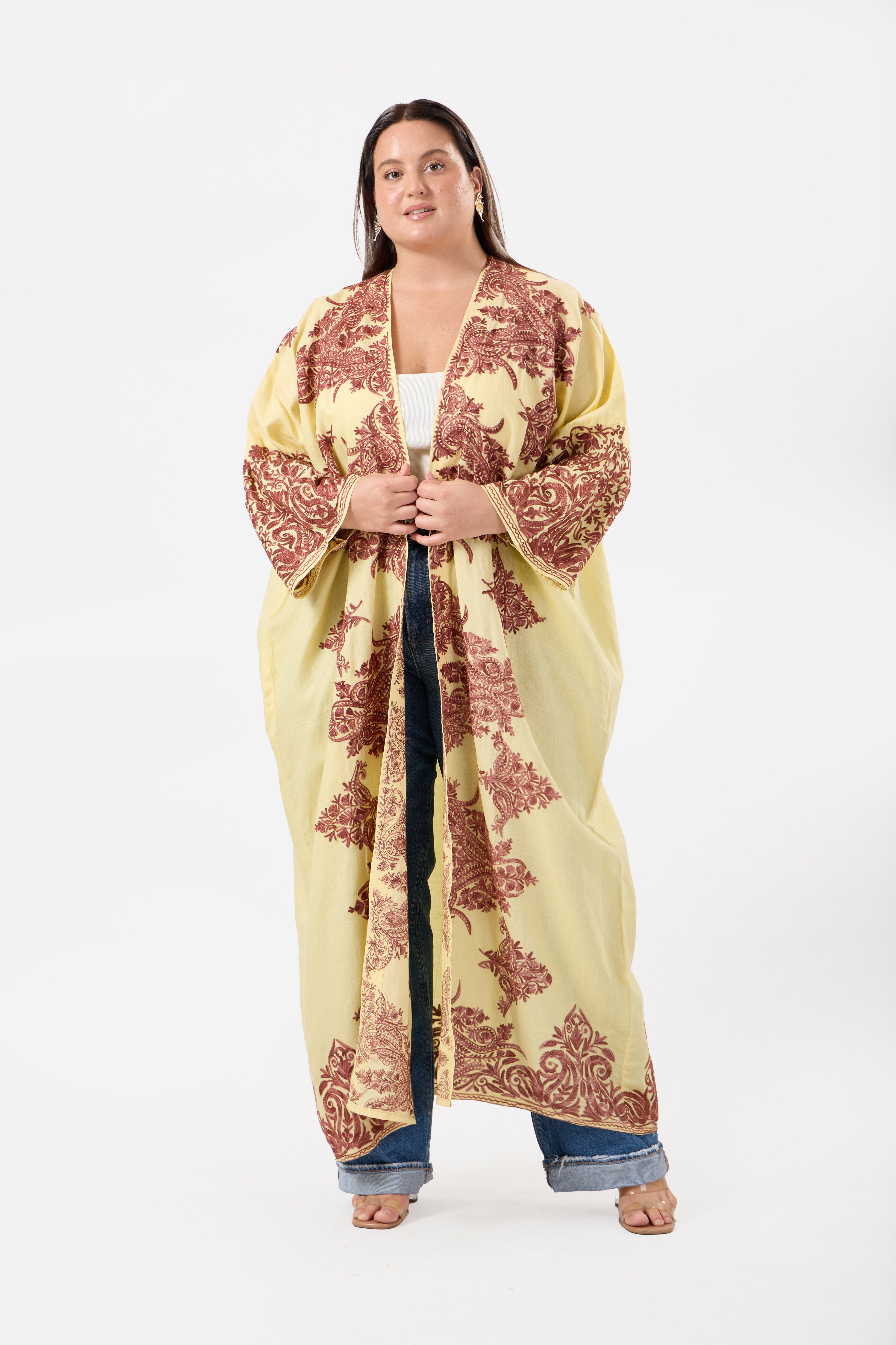 Noorani: Luxe Pure Linen Kimono with Kashmiri Embroidery