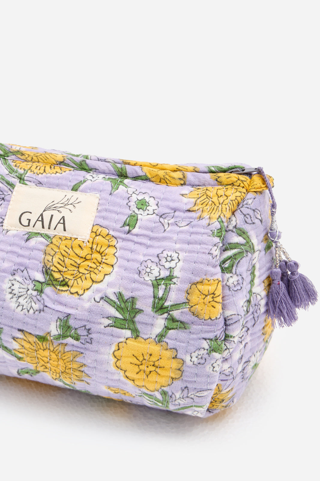 Cotton Floral Quilted Cosmetic Pouch with Yellow Blossom Print & Travel Storage | Marivelle Grove