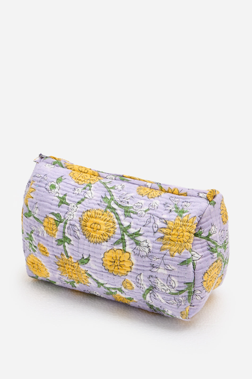 Cotton Floral Quilted Cosmetic Pouch with Yellow Blossom Print & Travel Storage | Marivelle Grove