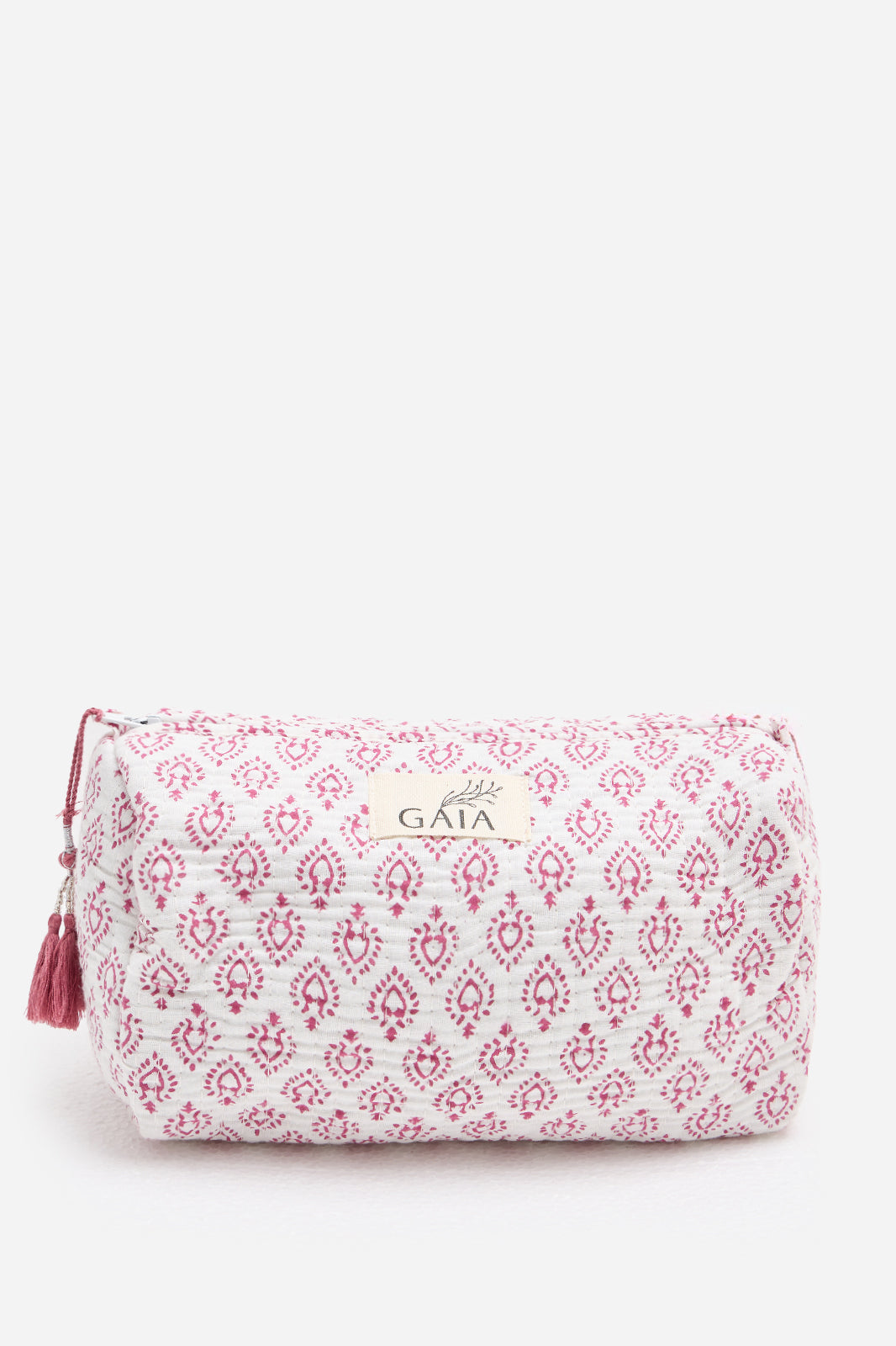 Cotton Quilted Cosmetic Pouch with Pink Block Print Motif & Travel Storage | Roselune Echo