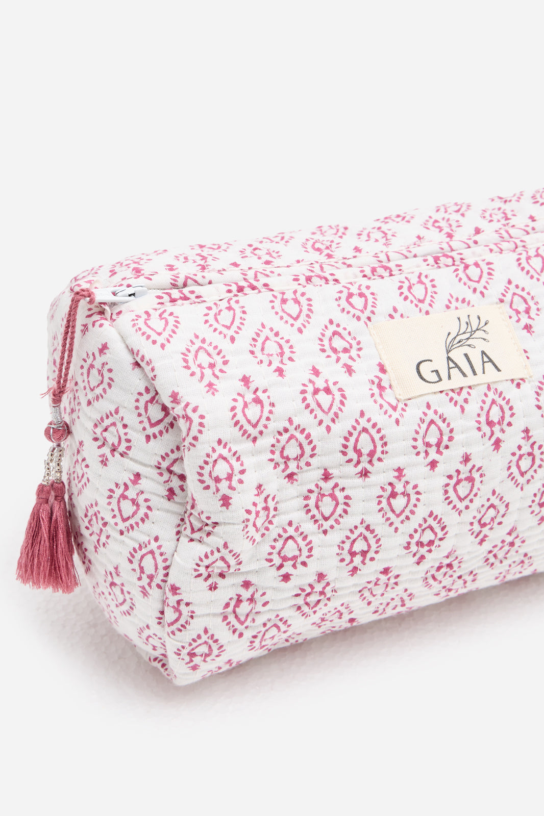 Cotton Quilted Cosmetic Pouch with Pink Block Print Motif & Travel Storage | Roselune Echo