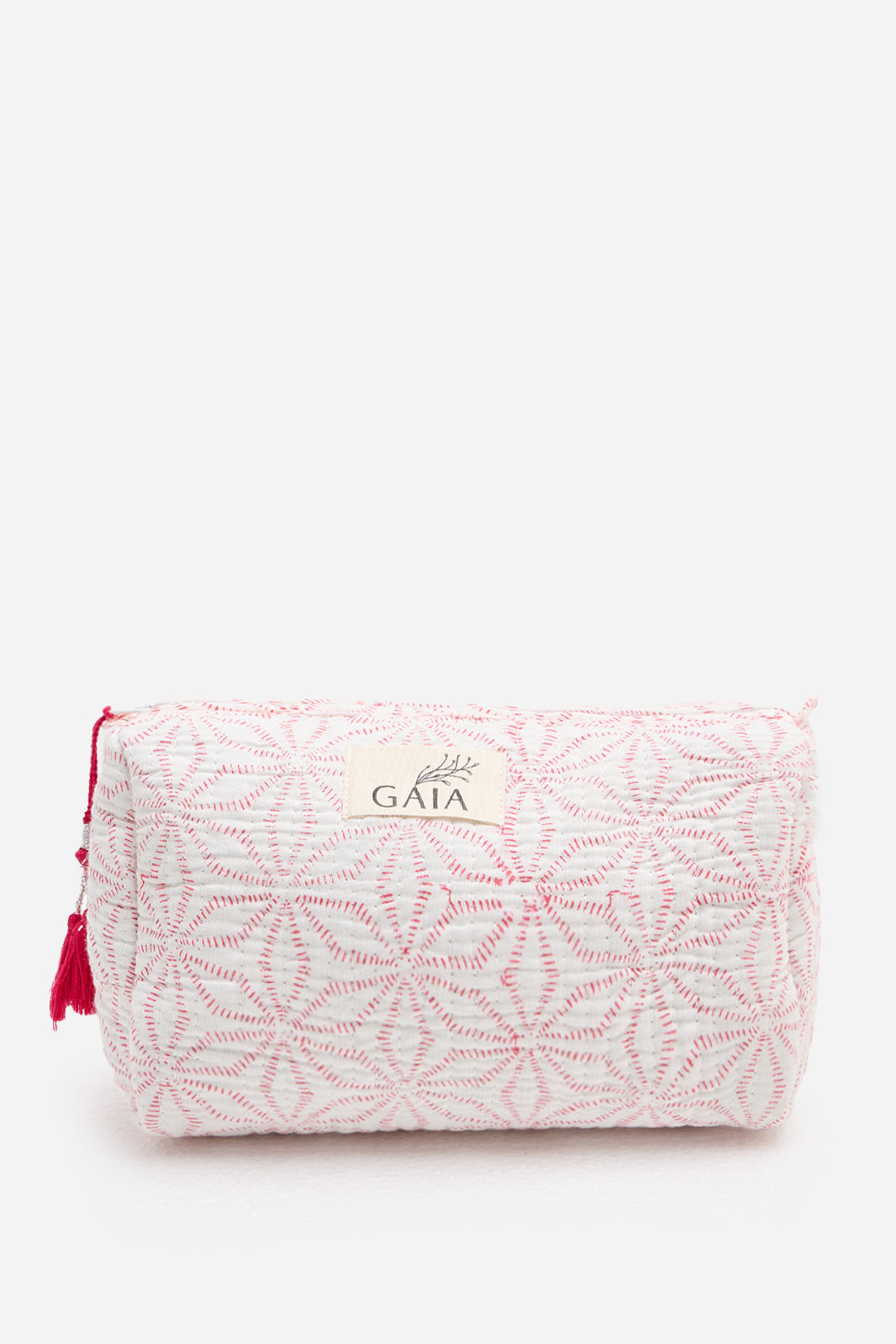 Cotton Quilted Cosmetic Pouch with Geometric Pink Embroidered Pattern & Travel Storage | Serapha Loop