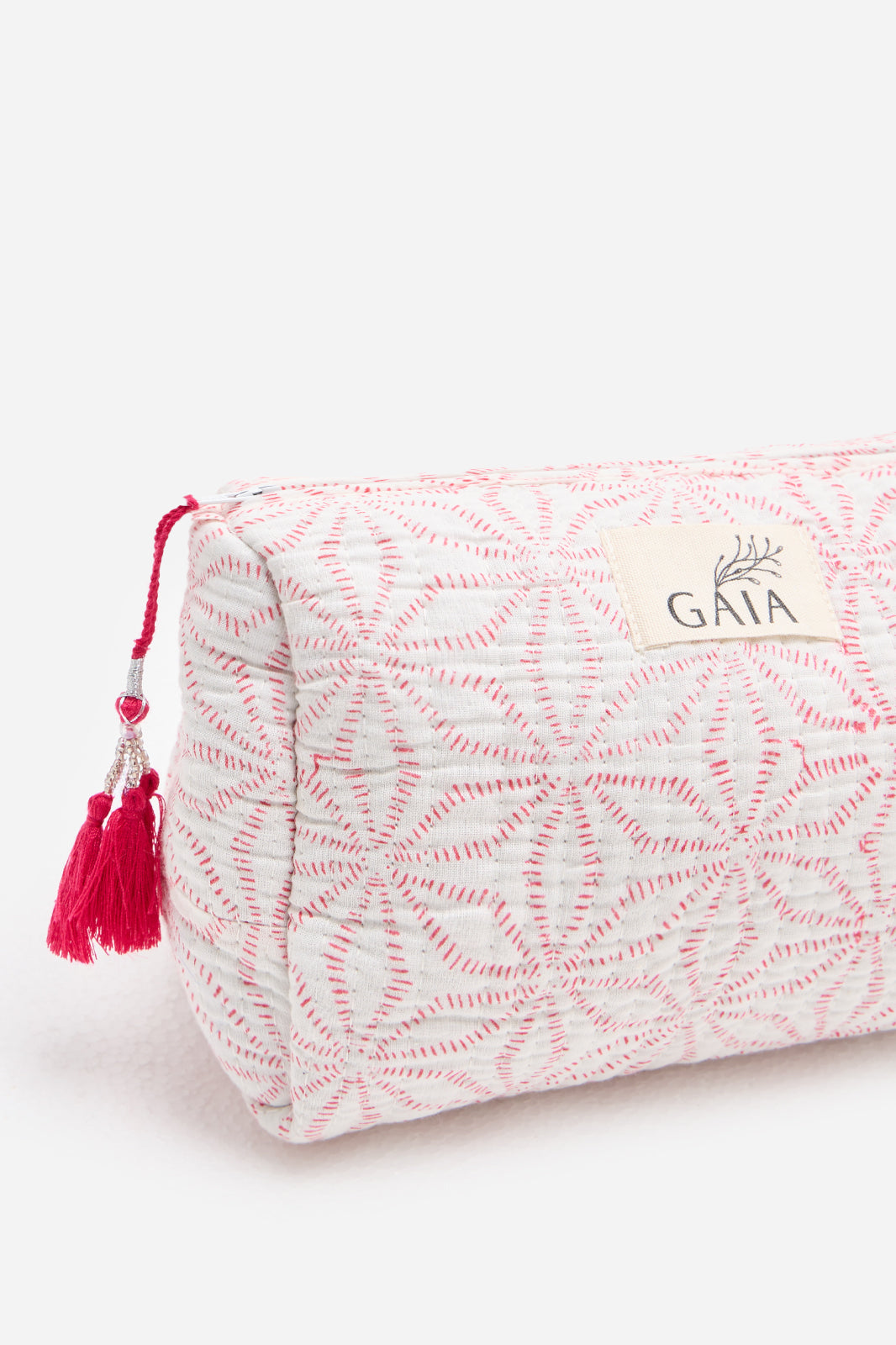 Cotton Quilted Cosmetic Pouch with Geometric Pink Embroidered Pattern & Travel Storage | Serapha Loop
