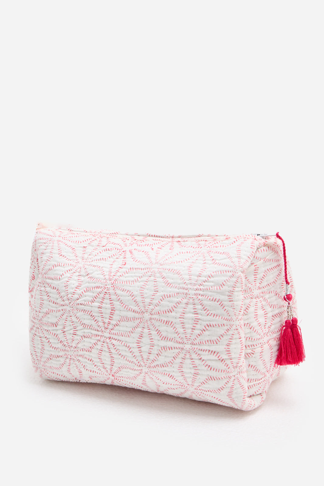 Cotton Quilted Cosmetic Pouch with Geometric Pink Embroidered Pattern & Travel Storage | Serapha Loop
