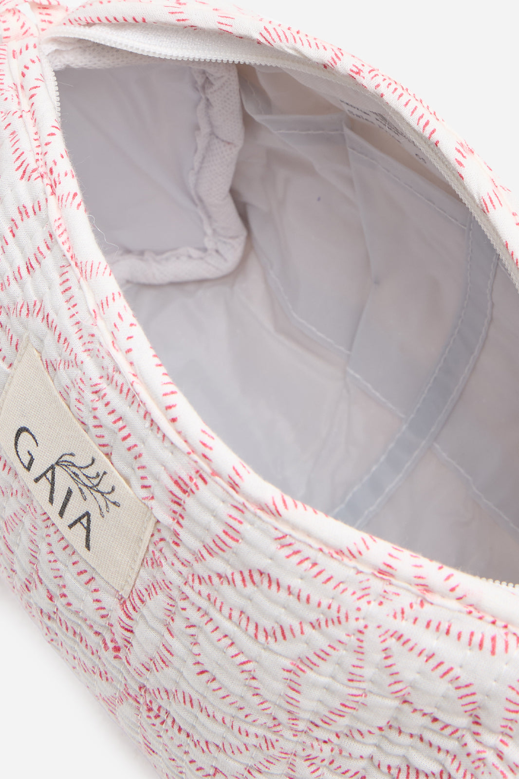 Cotton Quilted Cosmetic Pouch with Geometric Pink Embroidered Pattern & Travel Storage | Serapha Loop