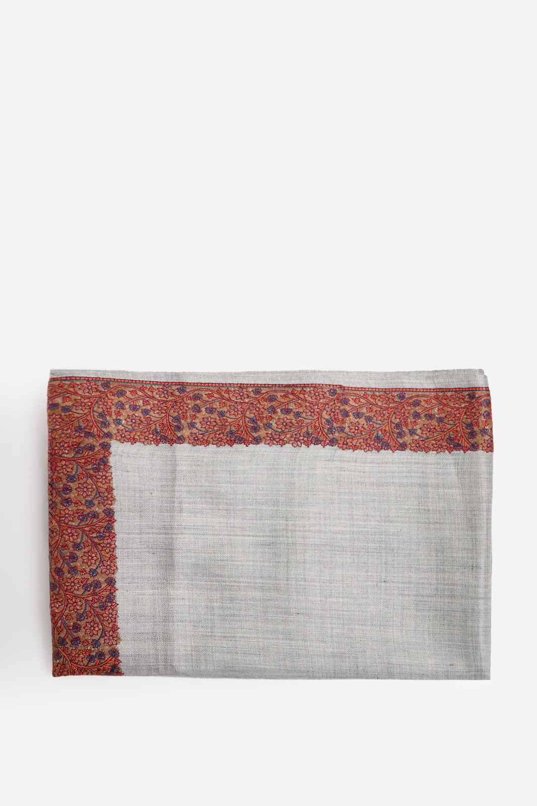 Light Grey Fine Wool Shawl with Floral Machine Embroidery & Traditional Border | Antheia