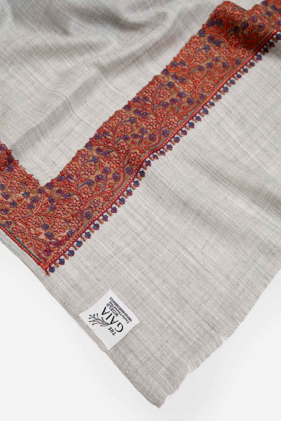 Light Grey Fine Wool Shawl with Floral Machine Embroidery & Traditional Border | Antheia