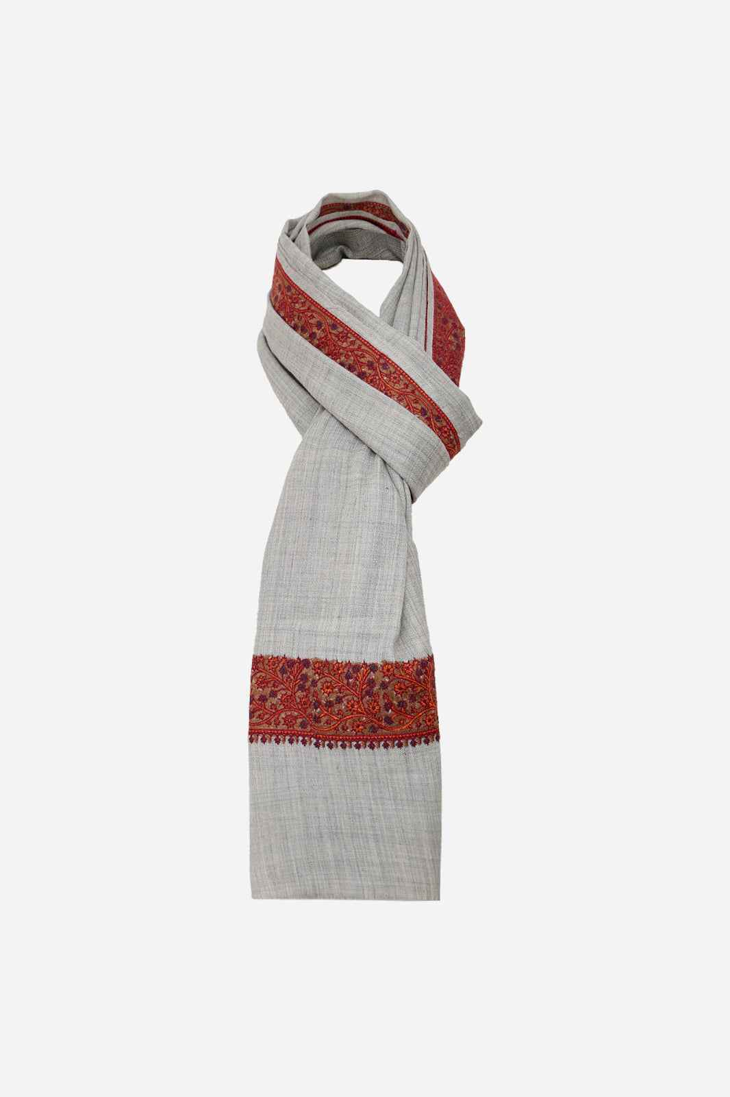Light Grey Fine Wool Shawl with Floral Machine Embroidery & Traditional Border | Antheia