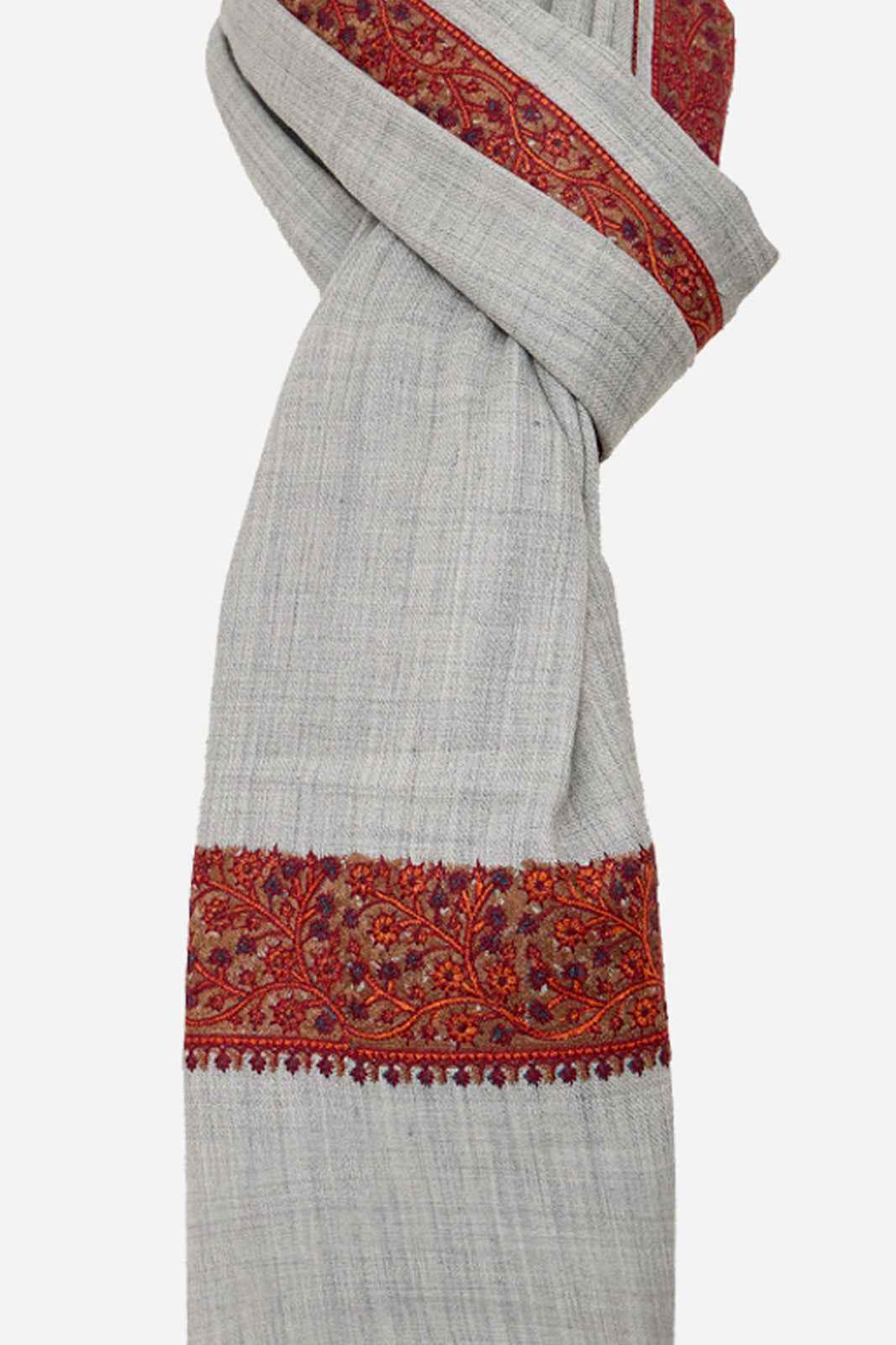 Light Grey Fine Wool Shawl with Floral Machine Embroidery & Traditional Border | Antheia