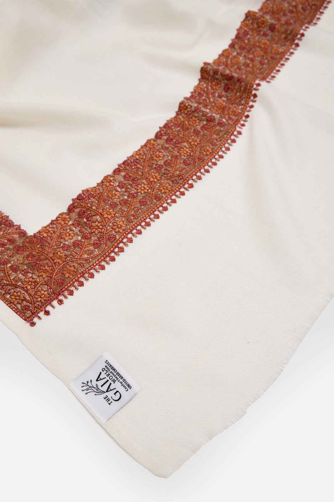 Cream Fine Wool Shawl with Floral Machine Embroidery & Traditional Border | Evadne
