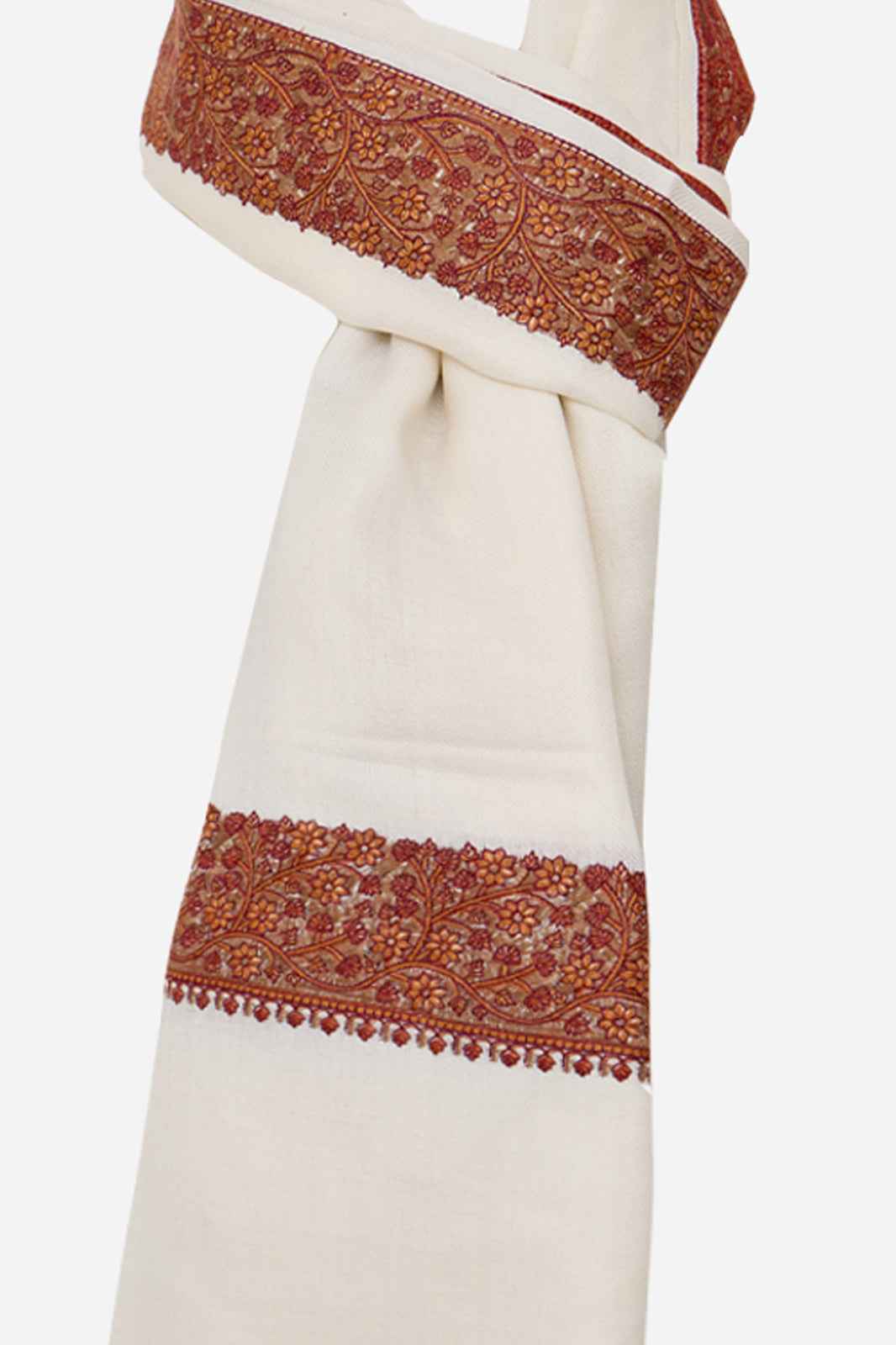 Cream Fine Wool Shawl with Floral Machine Embroidery & Traditional Border | Evadne