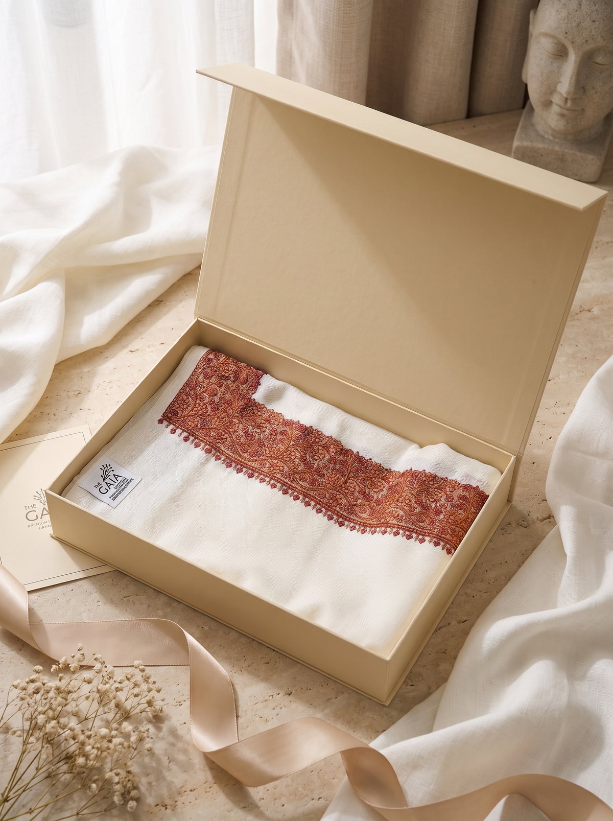 Cream Fine Wool Shawl with Floral Machine Embroidery & Traditional Border | Evadne