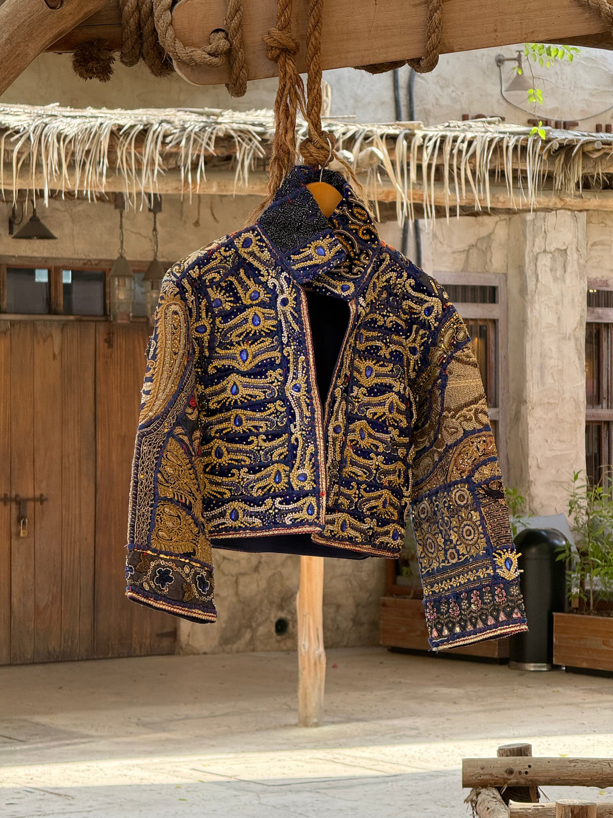 Handmade Navy Embroidered Jacket with Gold & Blue Beaded Detailing | Elodie
