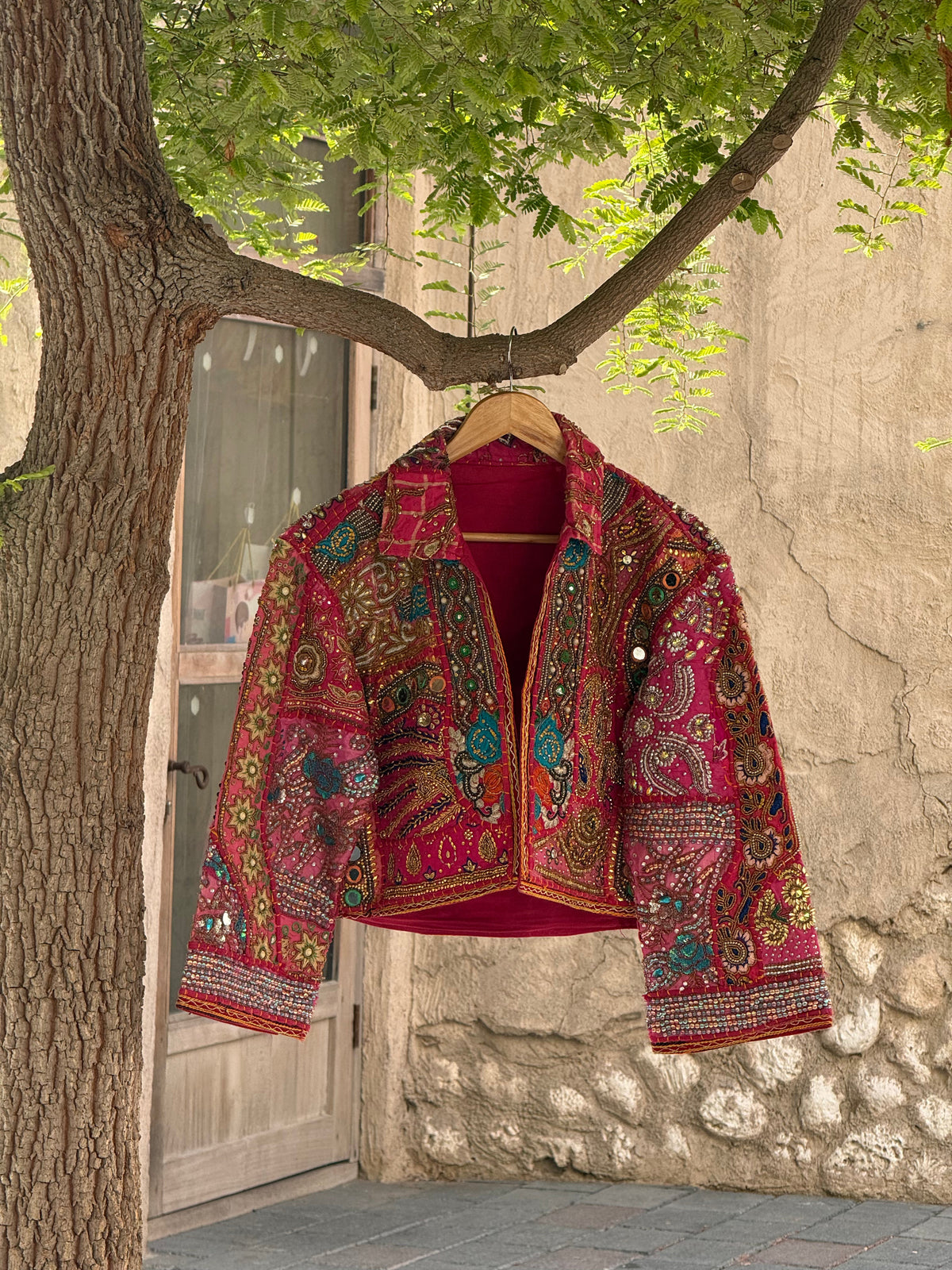 Handmade Pink Embroidered Jacket with Multicolor Beaded Detailing | Amelie