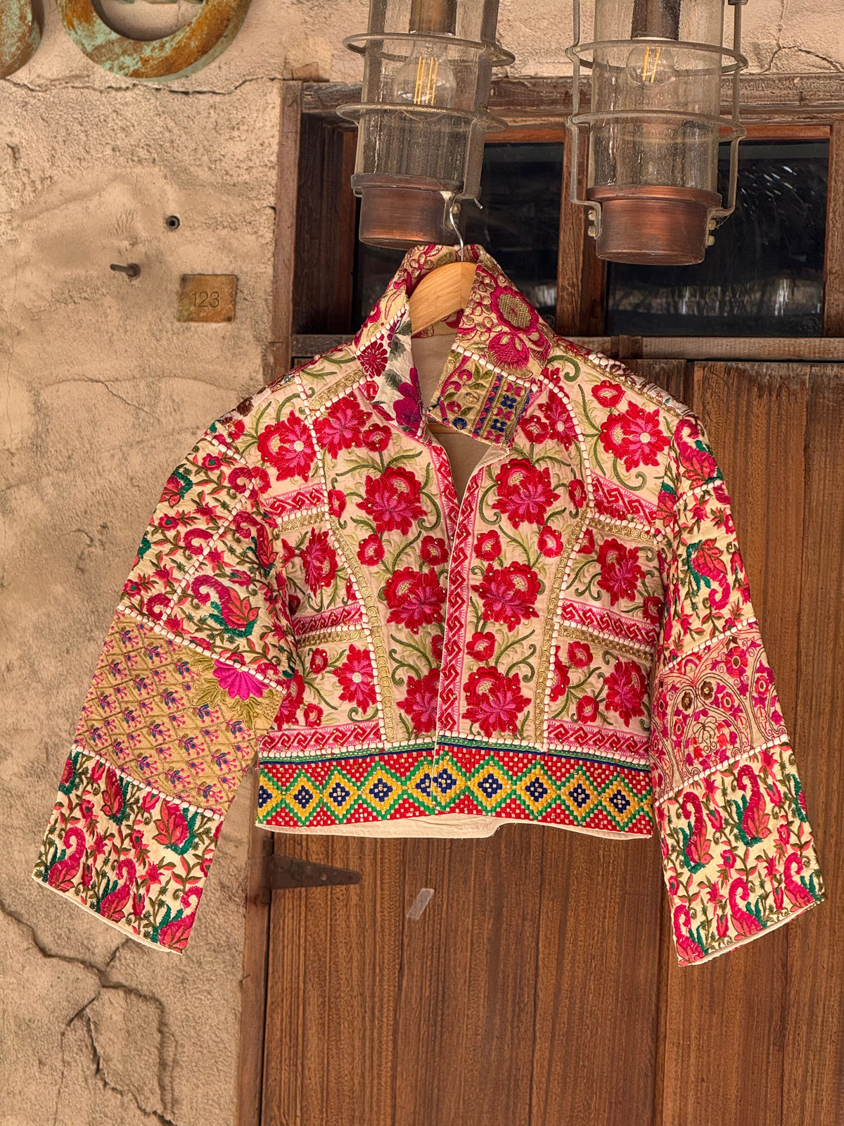 Handmade Cream Floral Embroidered Jacket with Multicoloured Geometric Detailing | Riham