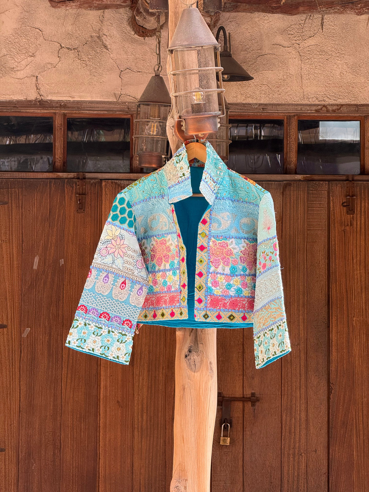 Handmade Blue Patchwork Embroidered Jacket with Floral & Geometric Detailing | Elise