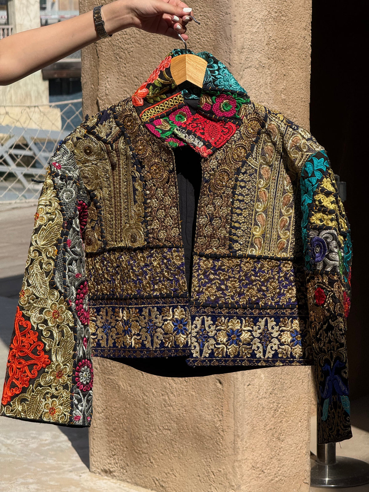 Handmade Black Embroidered Jacket with Gold Detailing & Colourful Floral Motifs | Julien