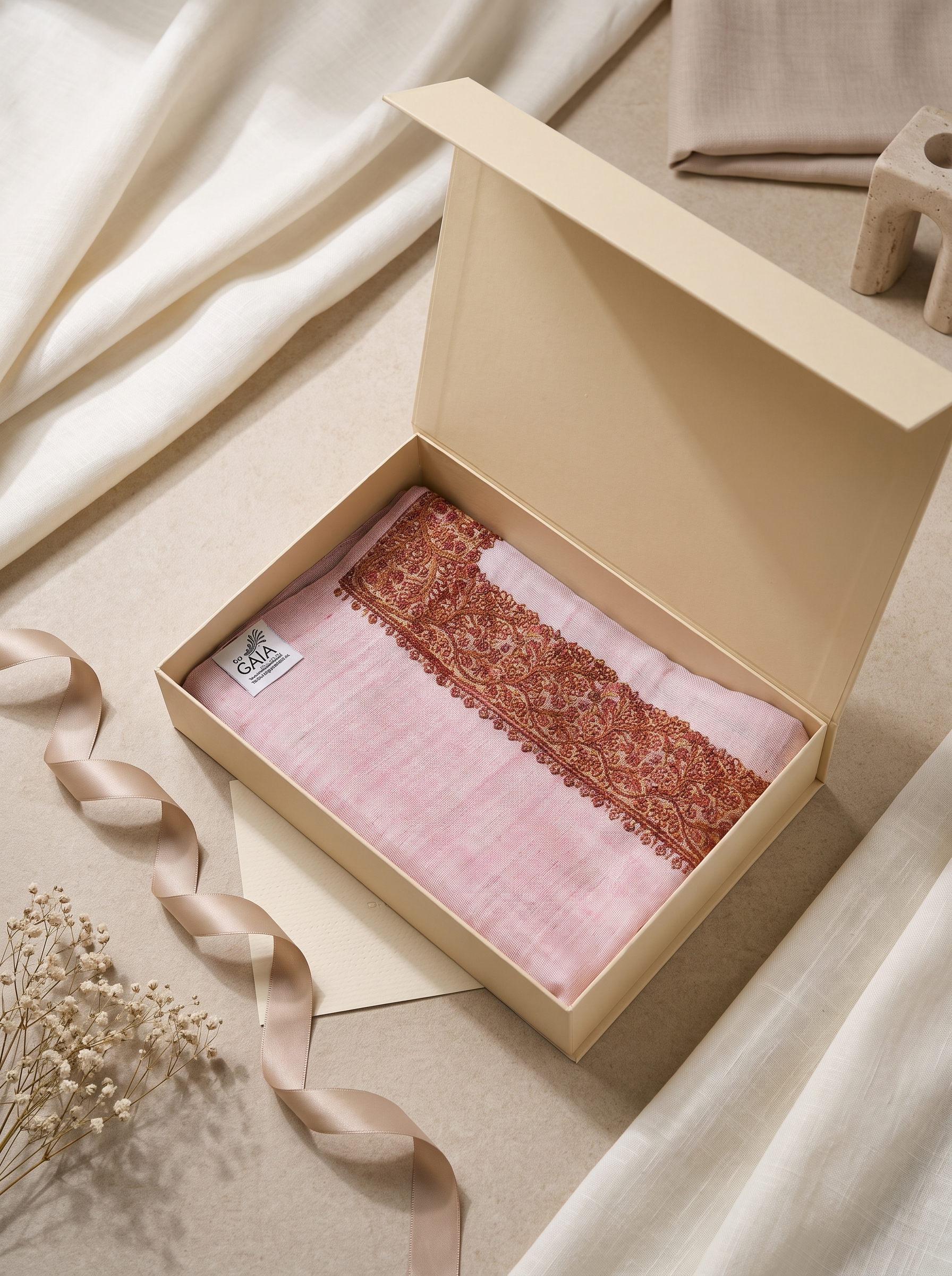 Pink Fine Wool Shawl with Floral Machine Embroidery & Traditional Border | Dione