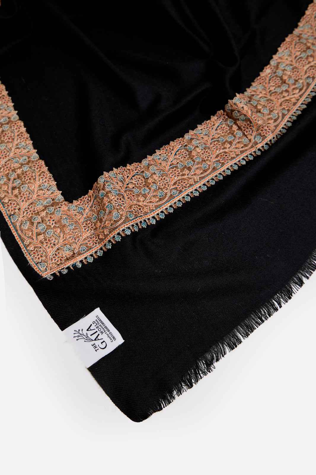 Black Fine Wool Shawl with Floral Machine Embroidery & Traditional Border | Asteria