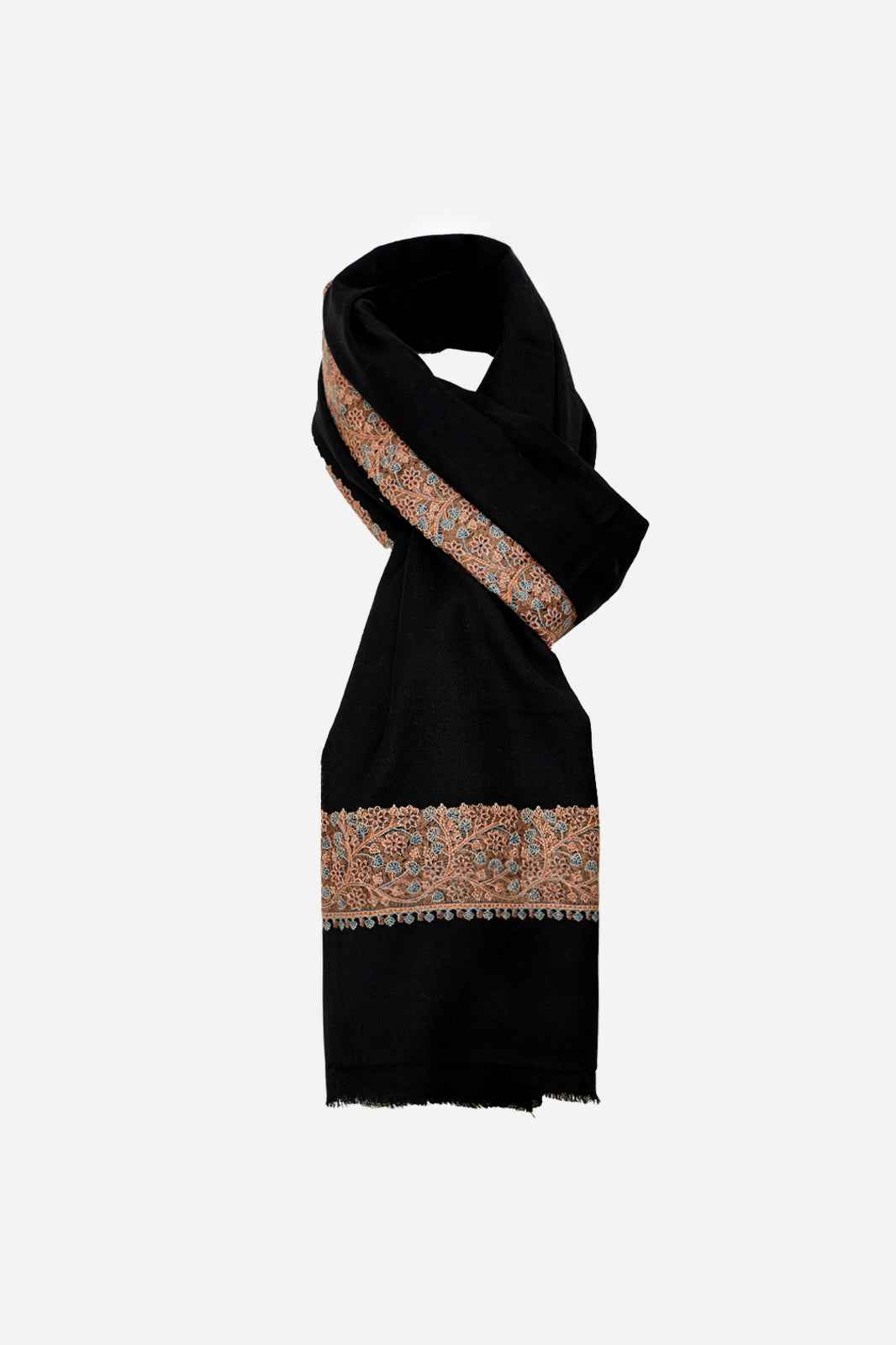 Black Fine Wool Shawl with Floral Machine Embroidery & Traditional Border | Asteria