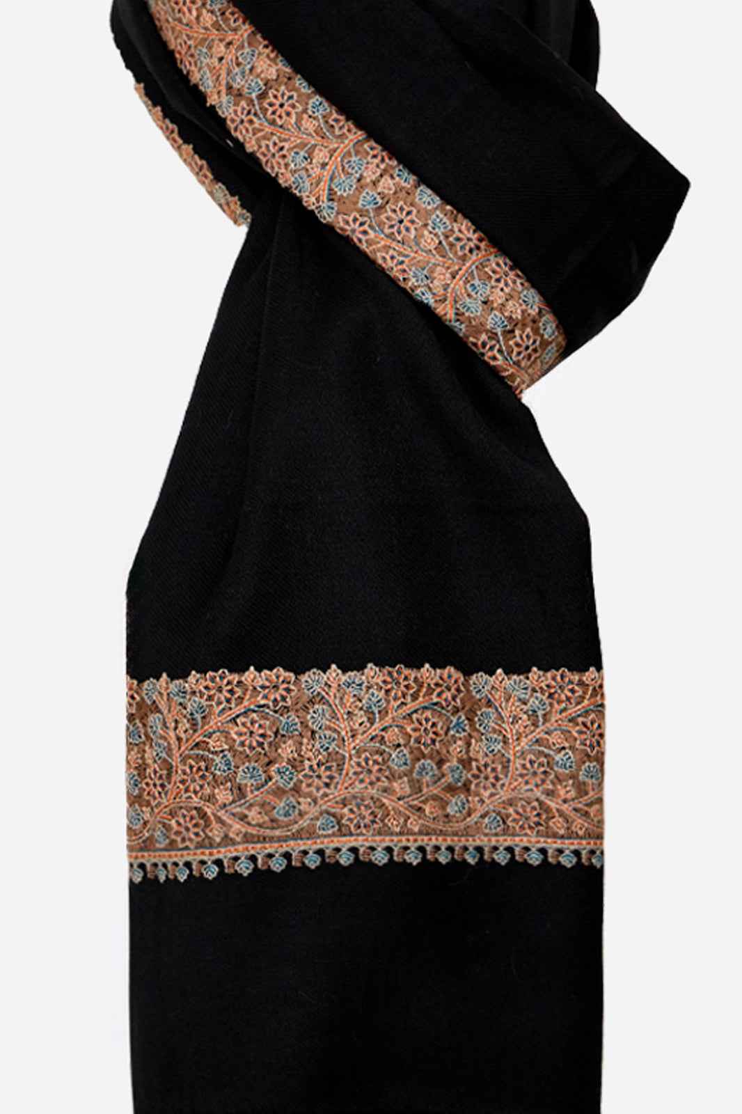 Black Fine Wool Shawl with Floral Machine Embroidery & Traditional Border | Asteria