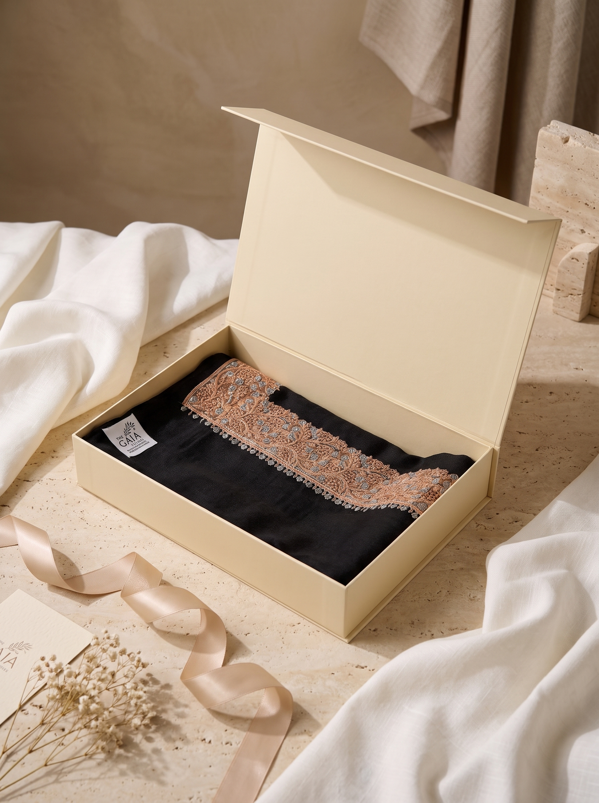 Black Fine Wool Shawl with Floral Machine Embroidery & Traditional Border | Asteria