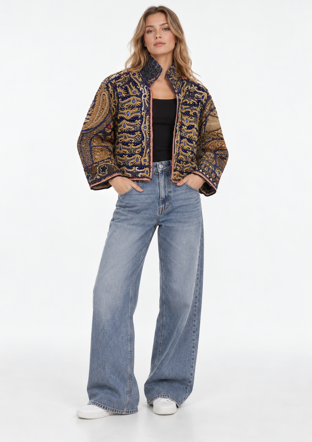 Handmade Navy Embroidered Jacket with Gold & Blue Beaded Detailing | Elodie