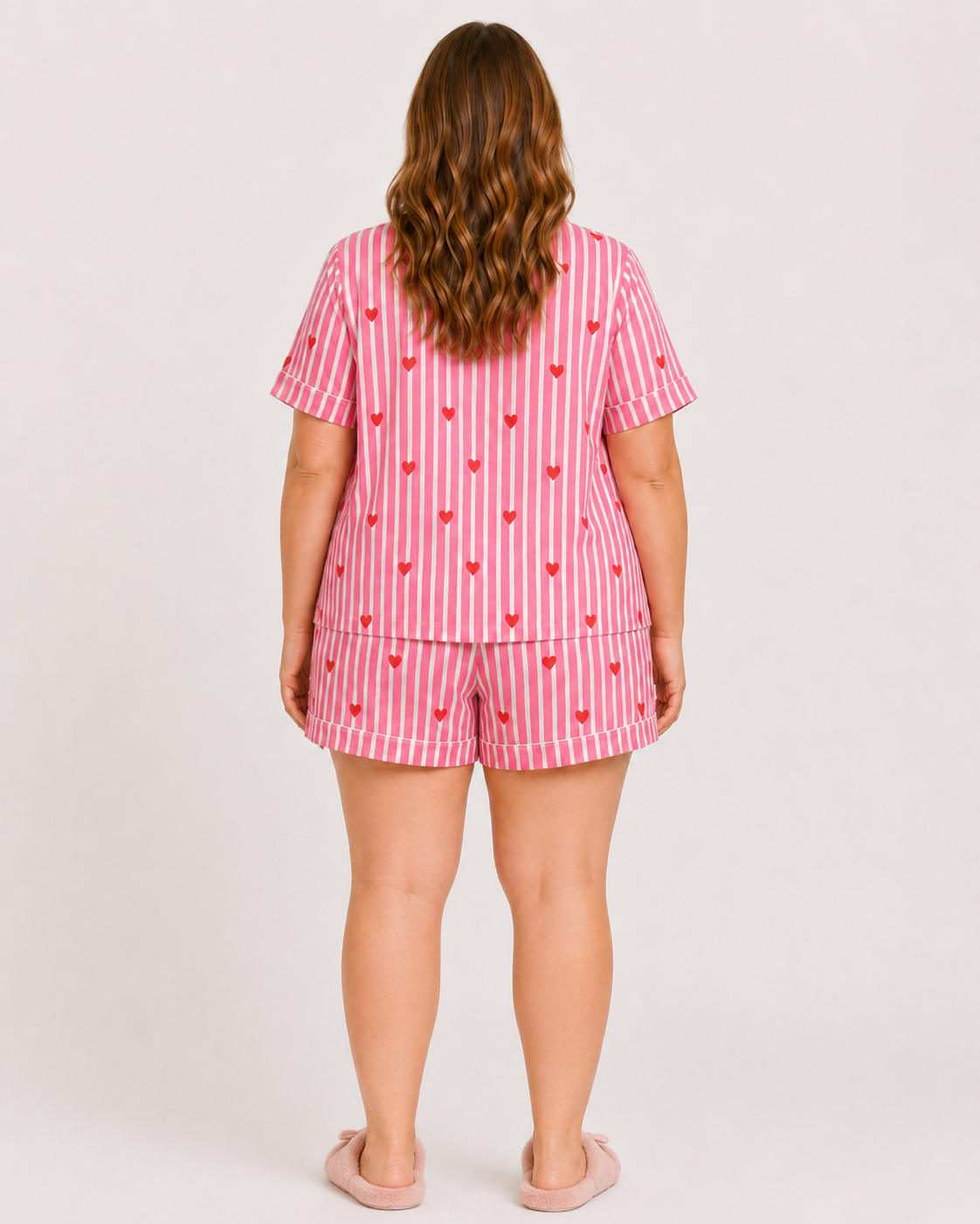 Pink Cotton Night Suit Set with Heart Print, Striped Shirt & Shorts | Haneen