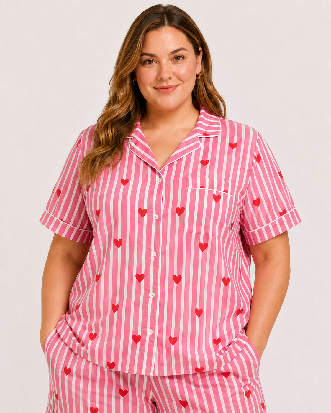 Pink Cotton Night Suit Set with Heart Print, Striped Shirt & Shorts | Haneen