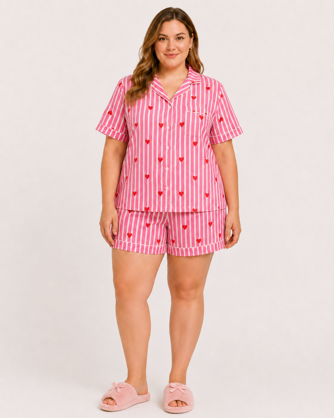 Pink Cotton Night Suit Set with Heart Print, Striped Shirt & Shorts | Haneen