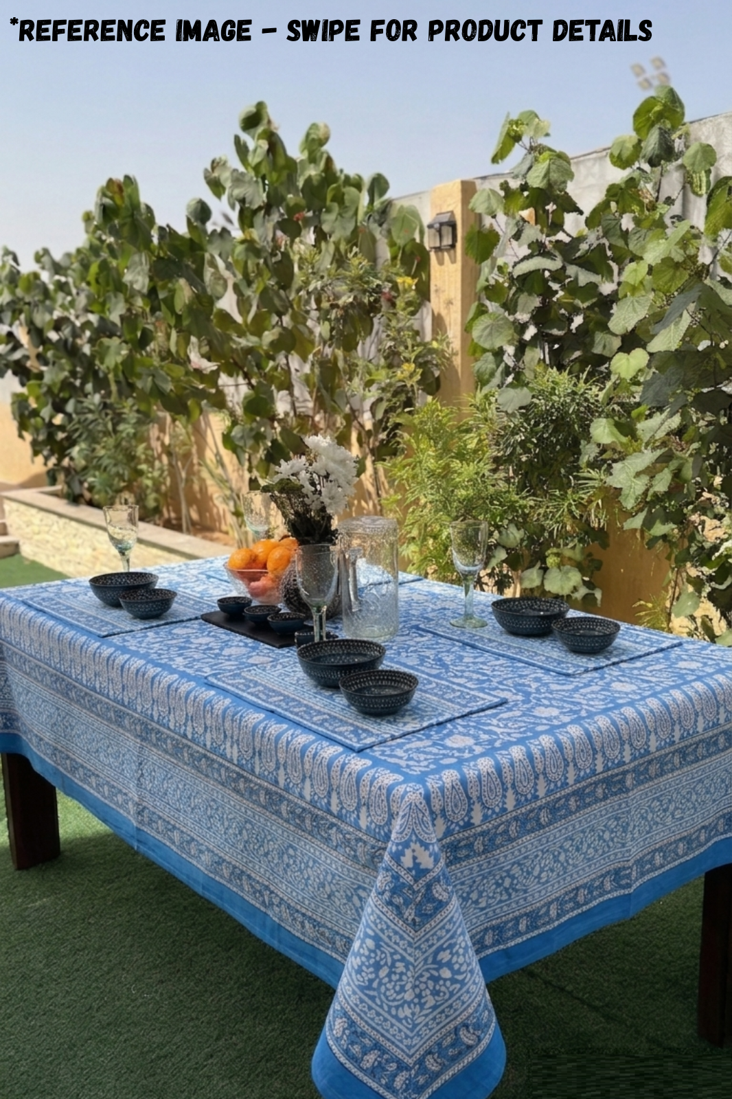 Blue Cotton Printed Tablecloth & 6 Napkin Set with Blue Floral Border Design for 6 Seater Dining Tables | Cerulia Haven