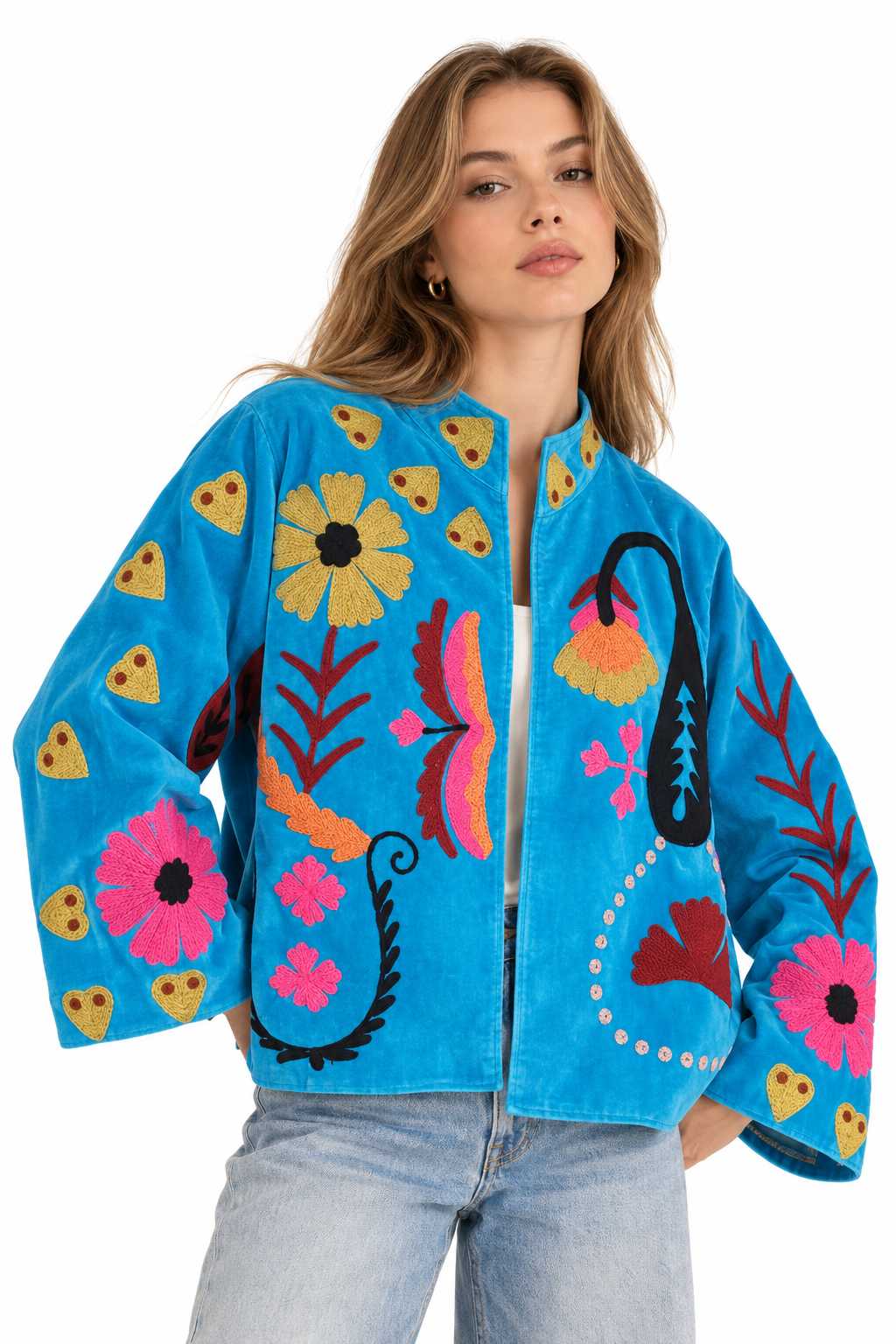 Turquoise Velvet Jacket with Colourful Floral & Heart Embroidery | Zarra