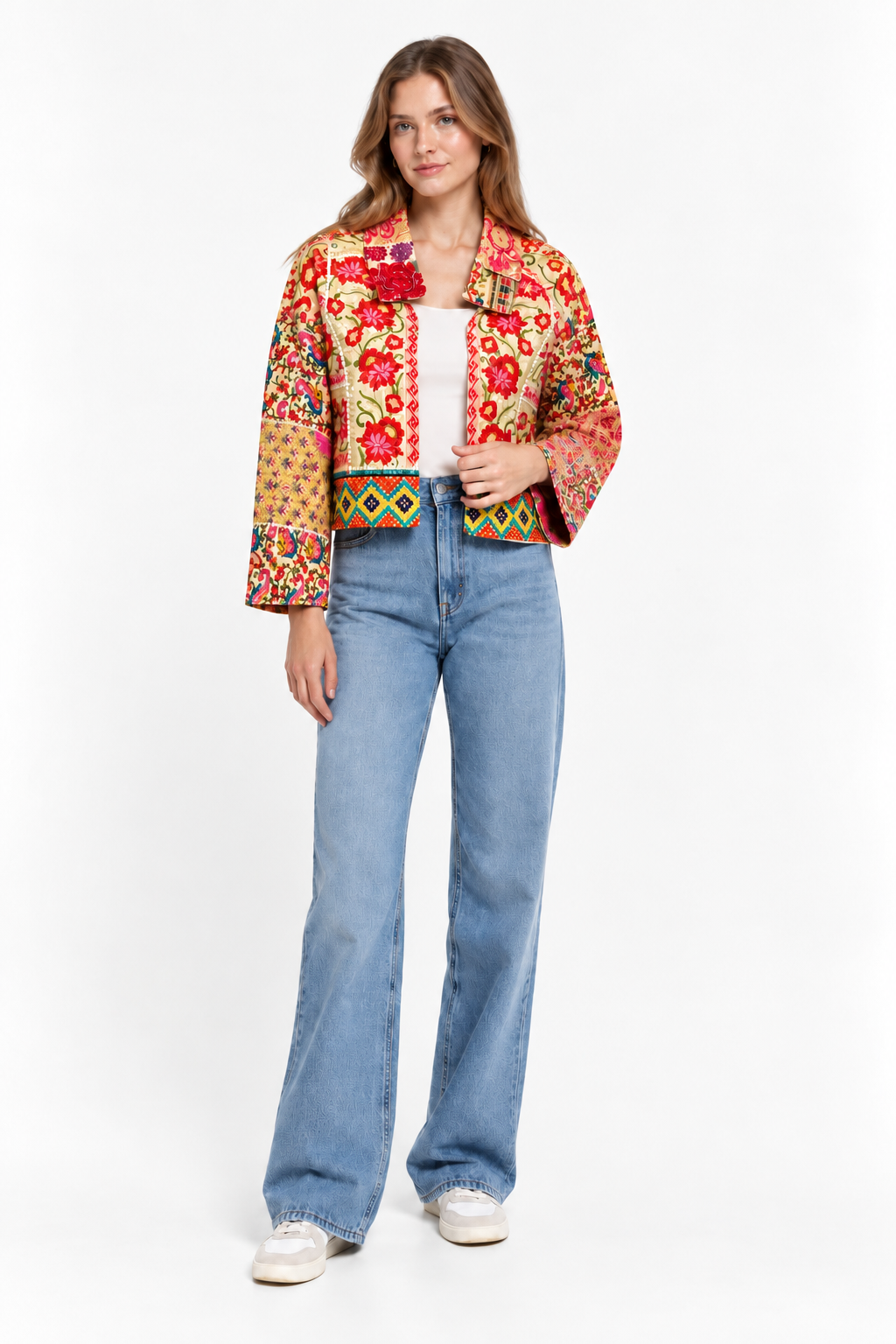 Handmade Cream Floral Embroidered Jacket with Multicoloured Geometric Detailing | Riham