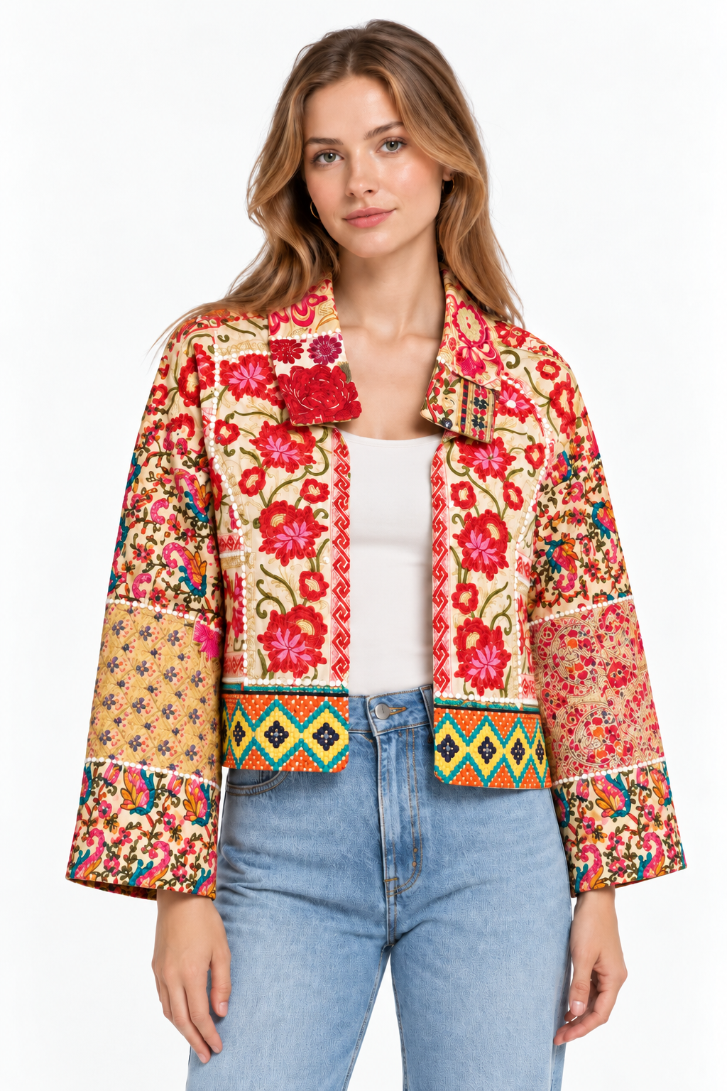 Handmade Cream Floral Embroidered Jacket with Multicoloured Geometric Detailing | Riham