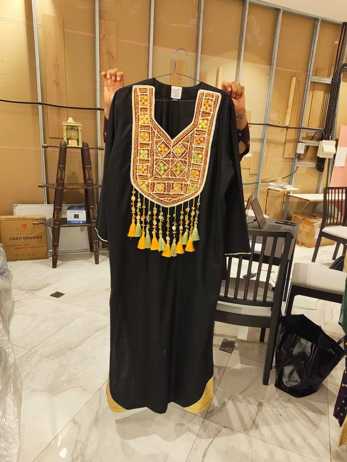 Black Pure Cotton Embroidered Kaftan with Multicolour Beadwork & Tassel Detailing | Marcelline