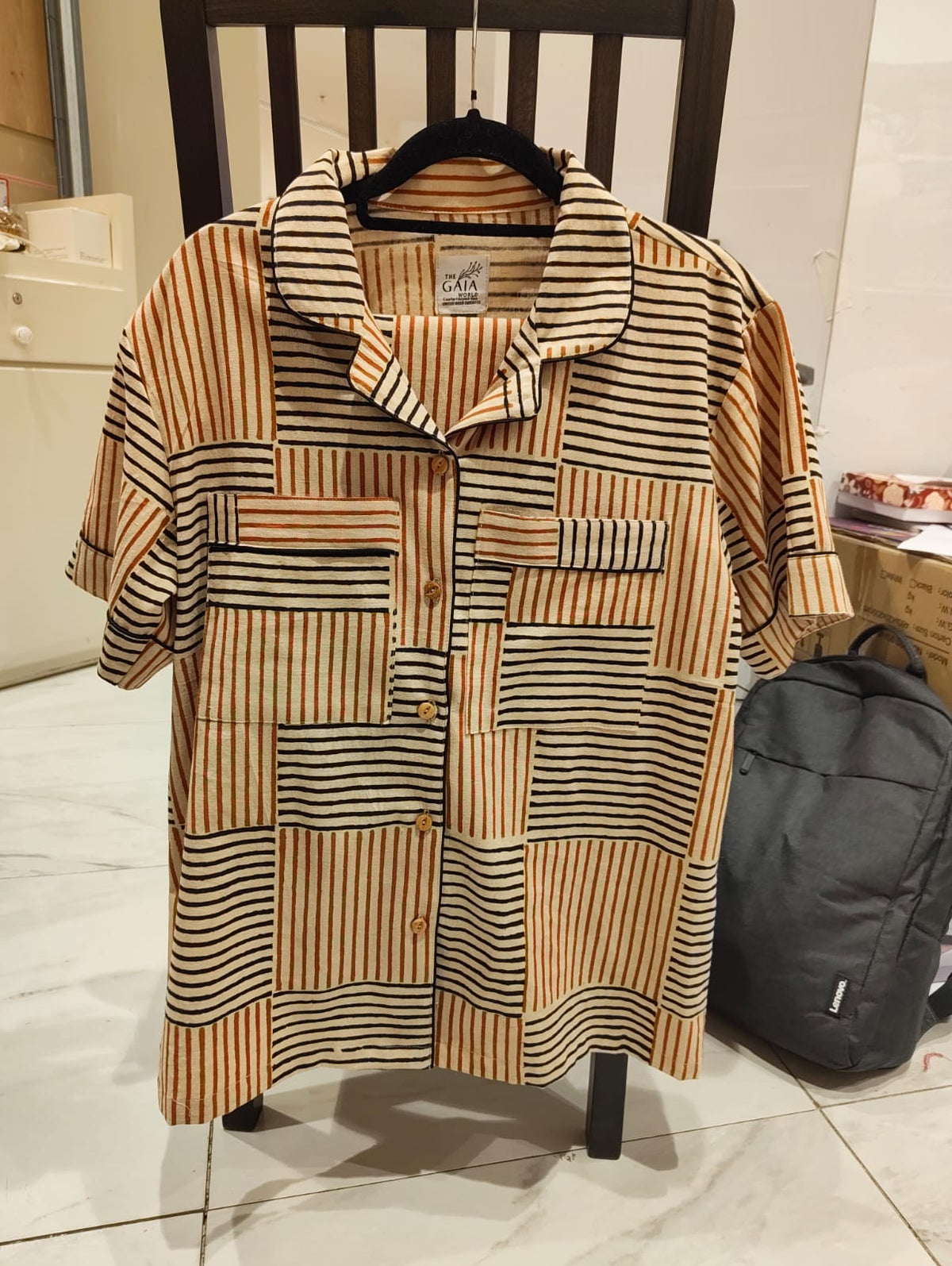 Beige Pure Cotton Short-Sleeve Night Suit & Pants with Rust & Black Geometric Stripes | Colette