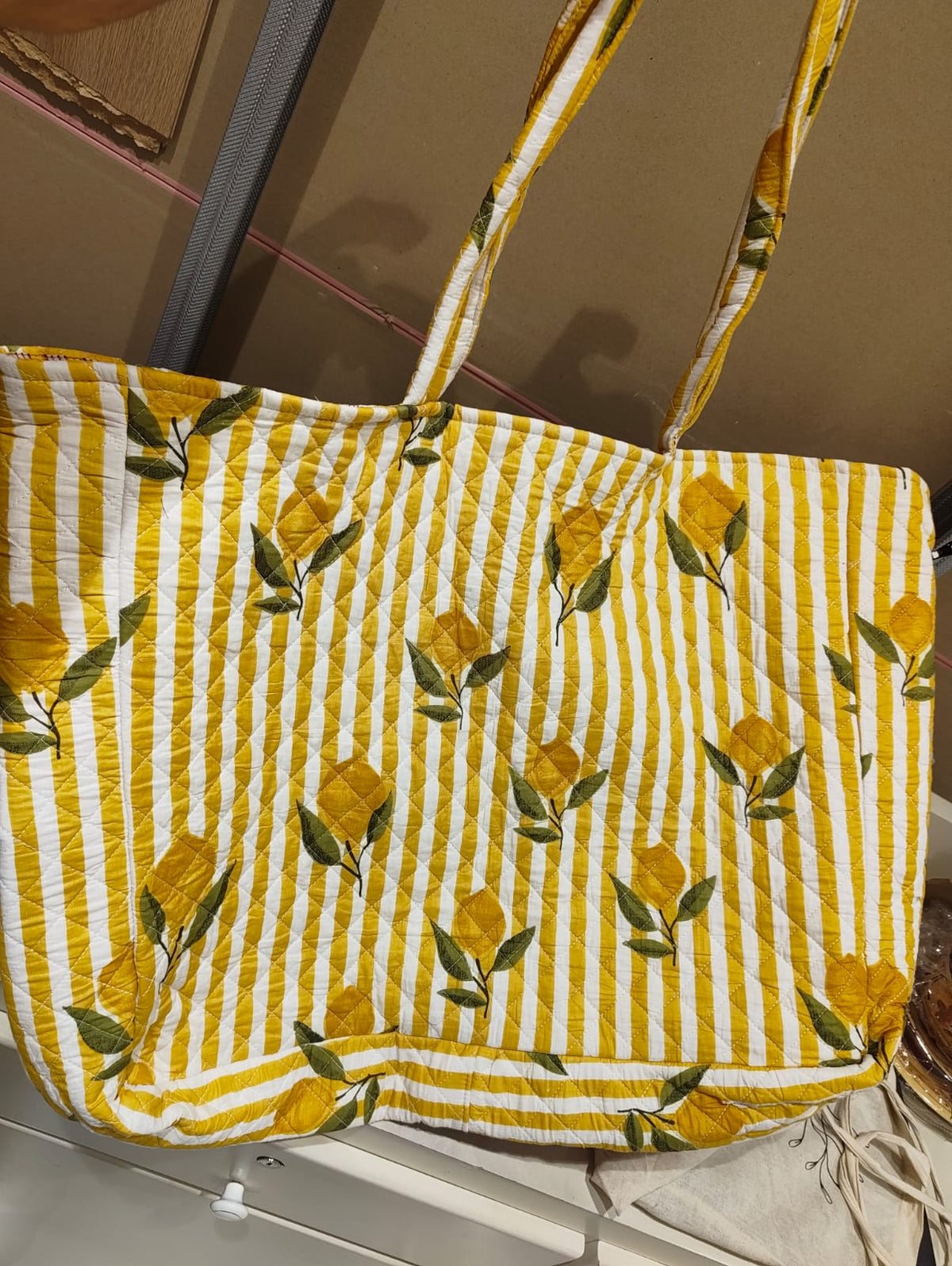 Yellow & White Striped Cotton Tote Bag with Lemon & Olive Leaf Print | Solenne