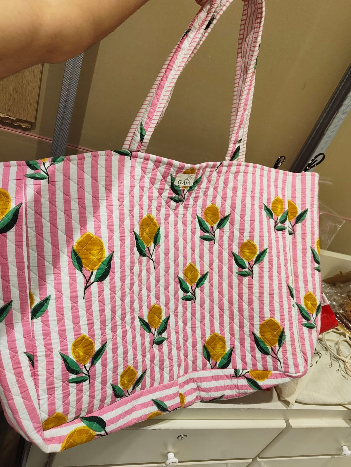 Pink & White Striped Cotton Tote Bag with Yellow Lemon & Green Leaf Print | Fleurine