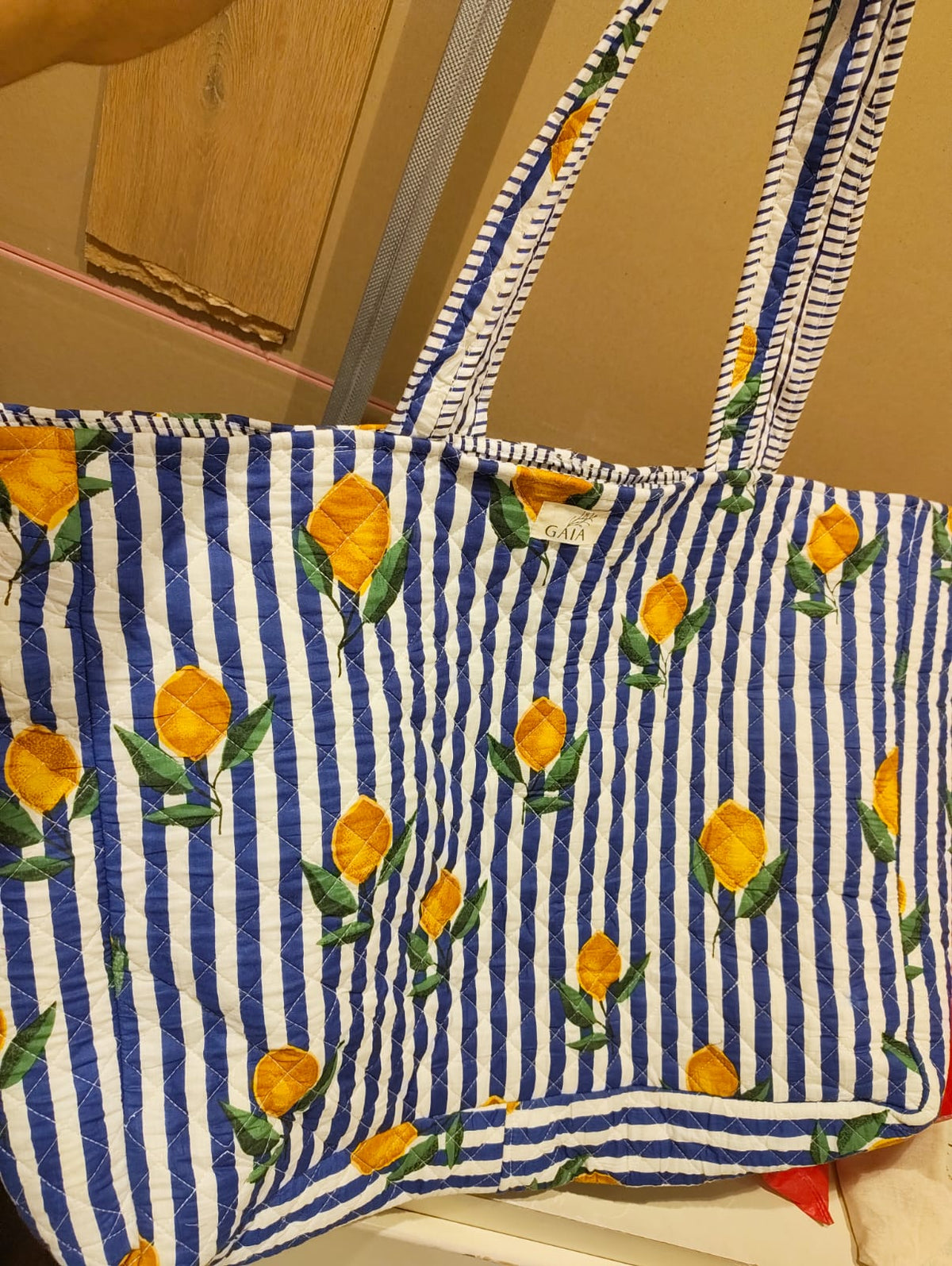 Blue & White Striped Cotton Tote Bag with Yellow Lemon & Green Leaf Print | Bleuette