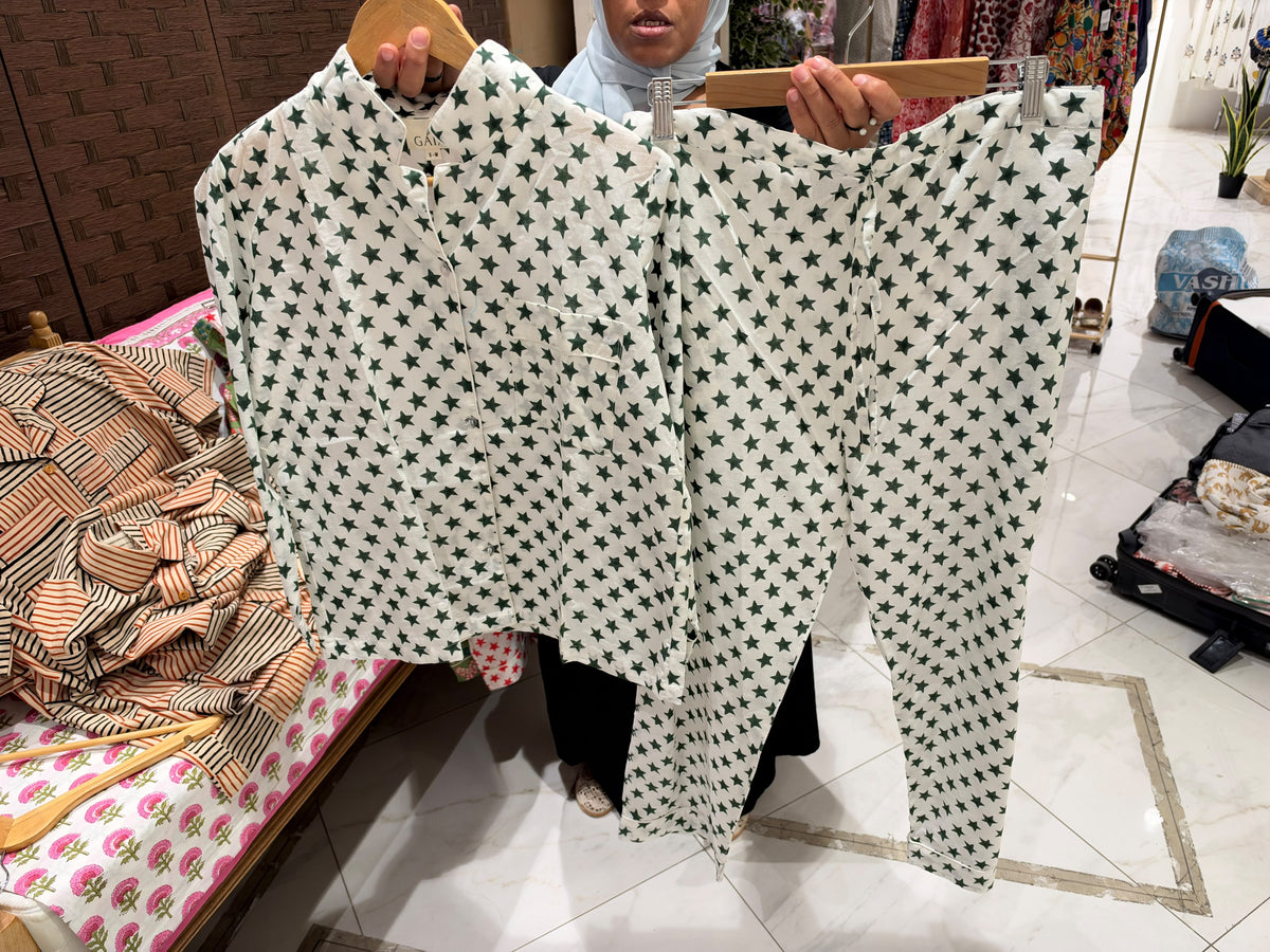 White Cotton Star Print Night Suit Set with Button-Down Top & Straight-Fit Trousers | Najwa