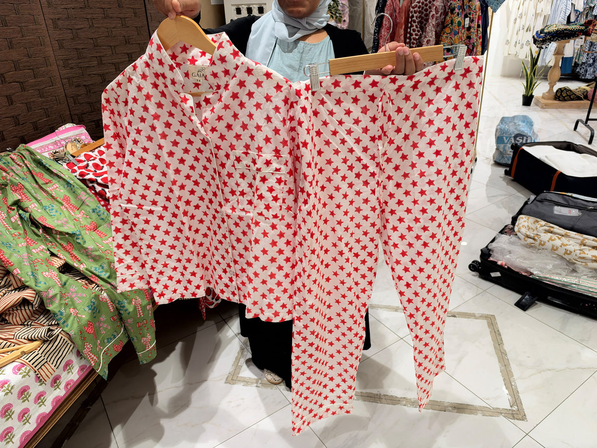 White Cotton Red Star Print Night Suit Set with Button-Down Top & Straight-Fit Trousers | Dana