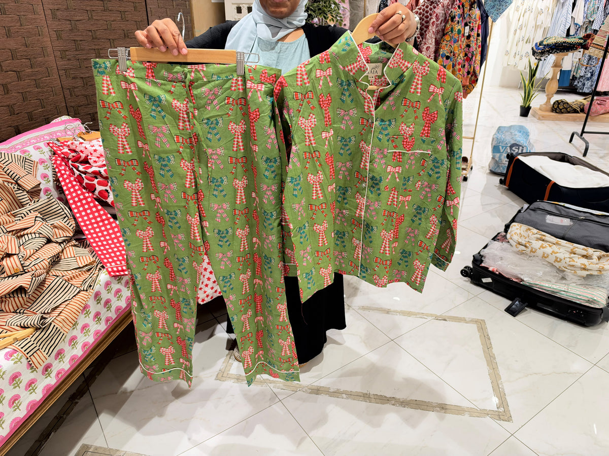 Green Cotton Bow Print Night Suit Set with Button-Down Top & Straight-Fit Trousers | Reem