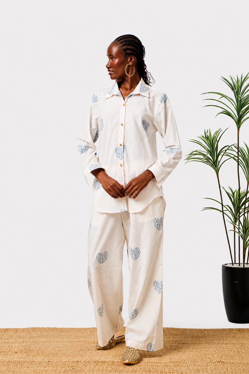Pure Cotton White Heart Print Co-ord Set for Women | Ruqayya